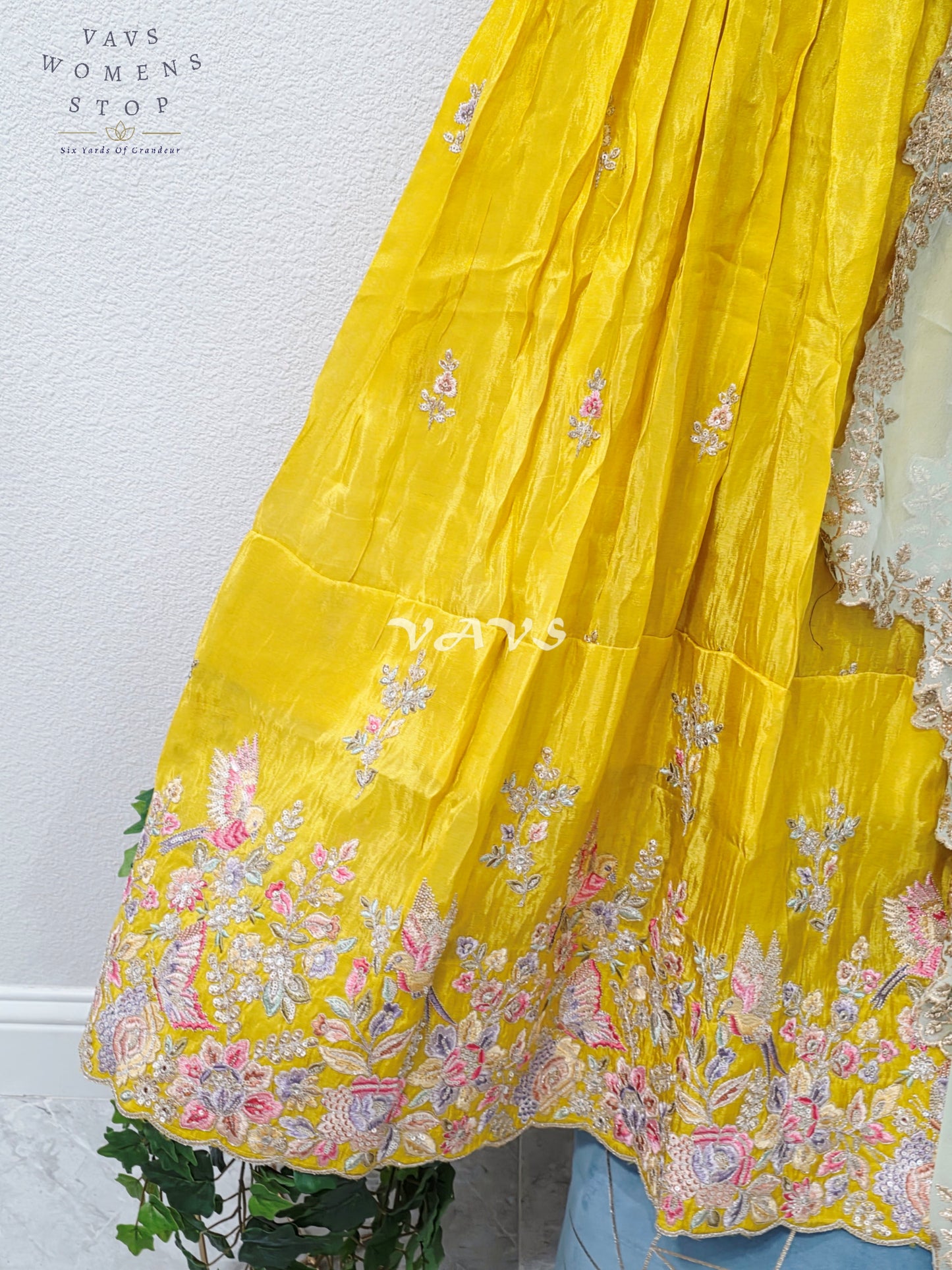 Radiant Marigold Yellow & Mint Mist Munga Tissue Crepe Silk Designer Embroidered Lehenga Half Saree Set with Georgette Dupatta & Blouse 36-42