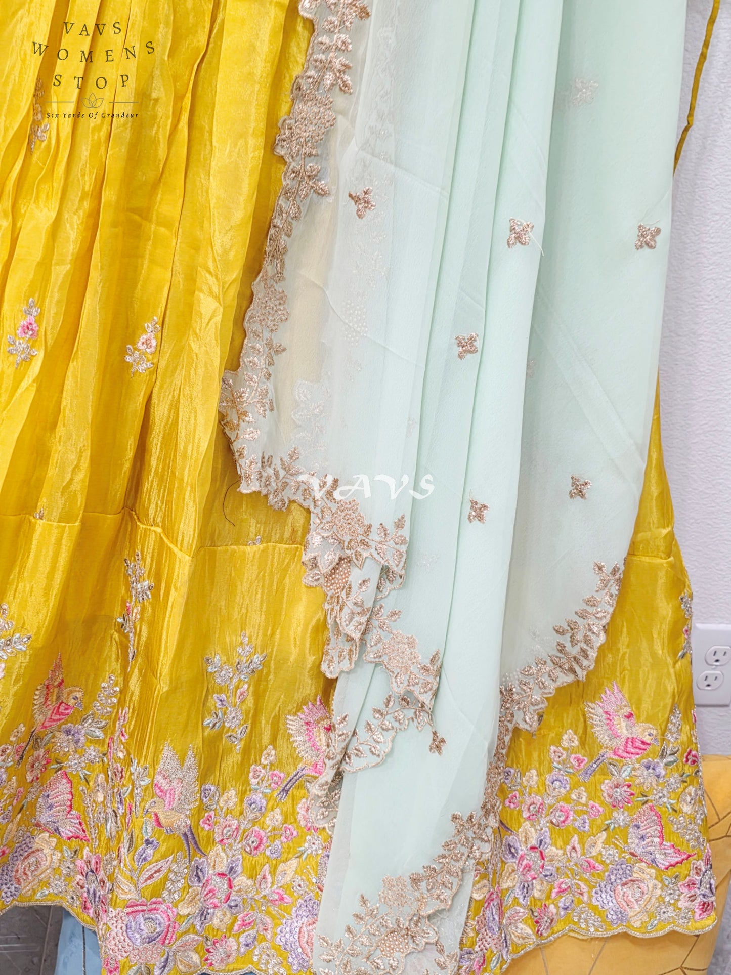 Radiant Marigold Yellow & Mint Mist Munga Tissue Crepe Silk Designer Embroidered Lehenga Half Saree Set with Georgette Dupatta & Blouse 36-42