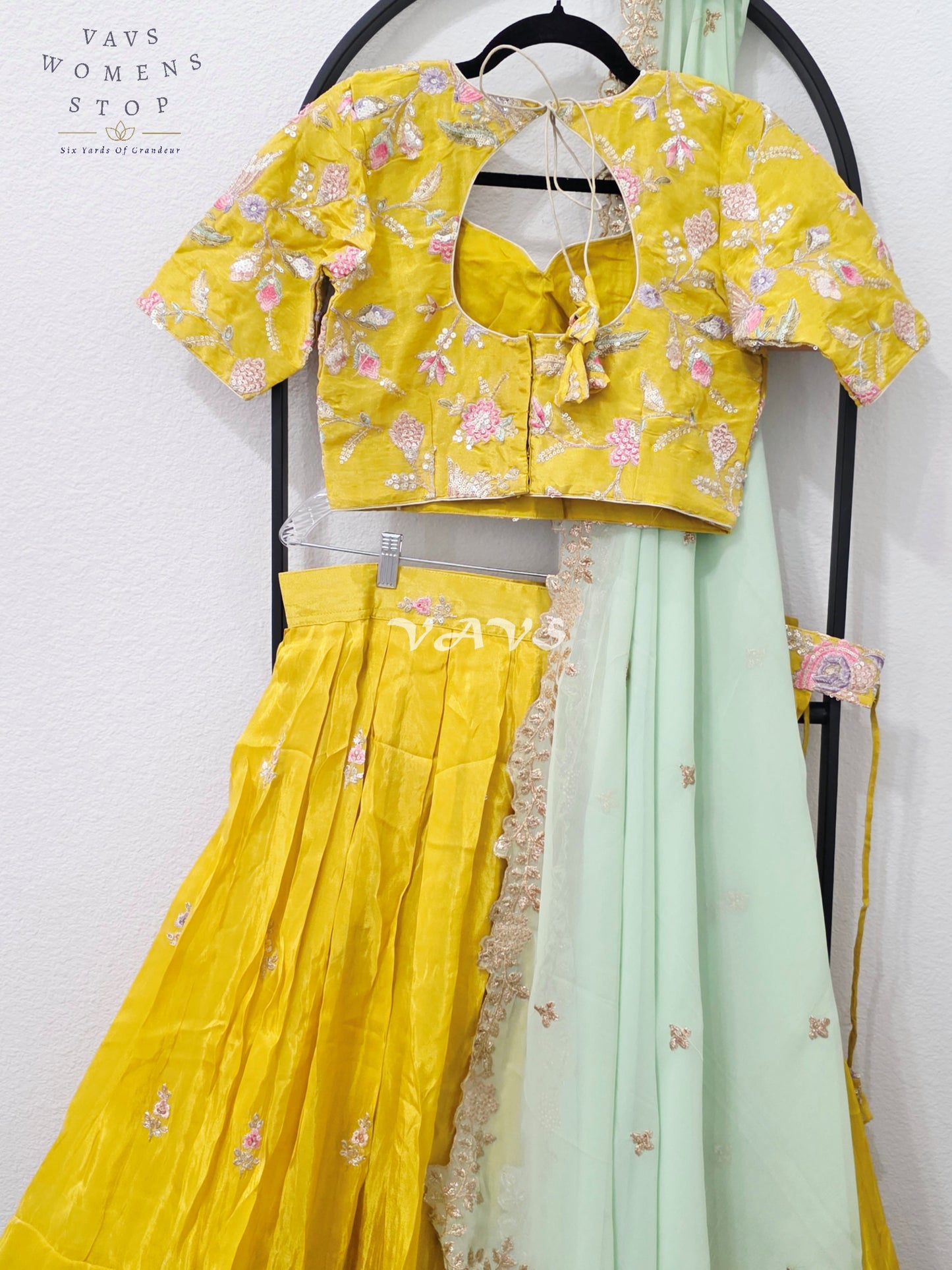 Radiant Marigold Yellow & Mint Mist Munga Tissue Crepe Silk Designer Embroidered Lehenga Half Saree Set with Georgette Dupatta & Blouse 36-42