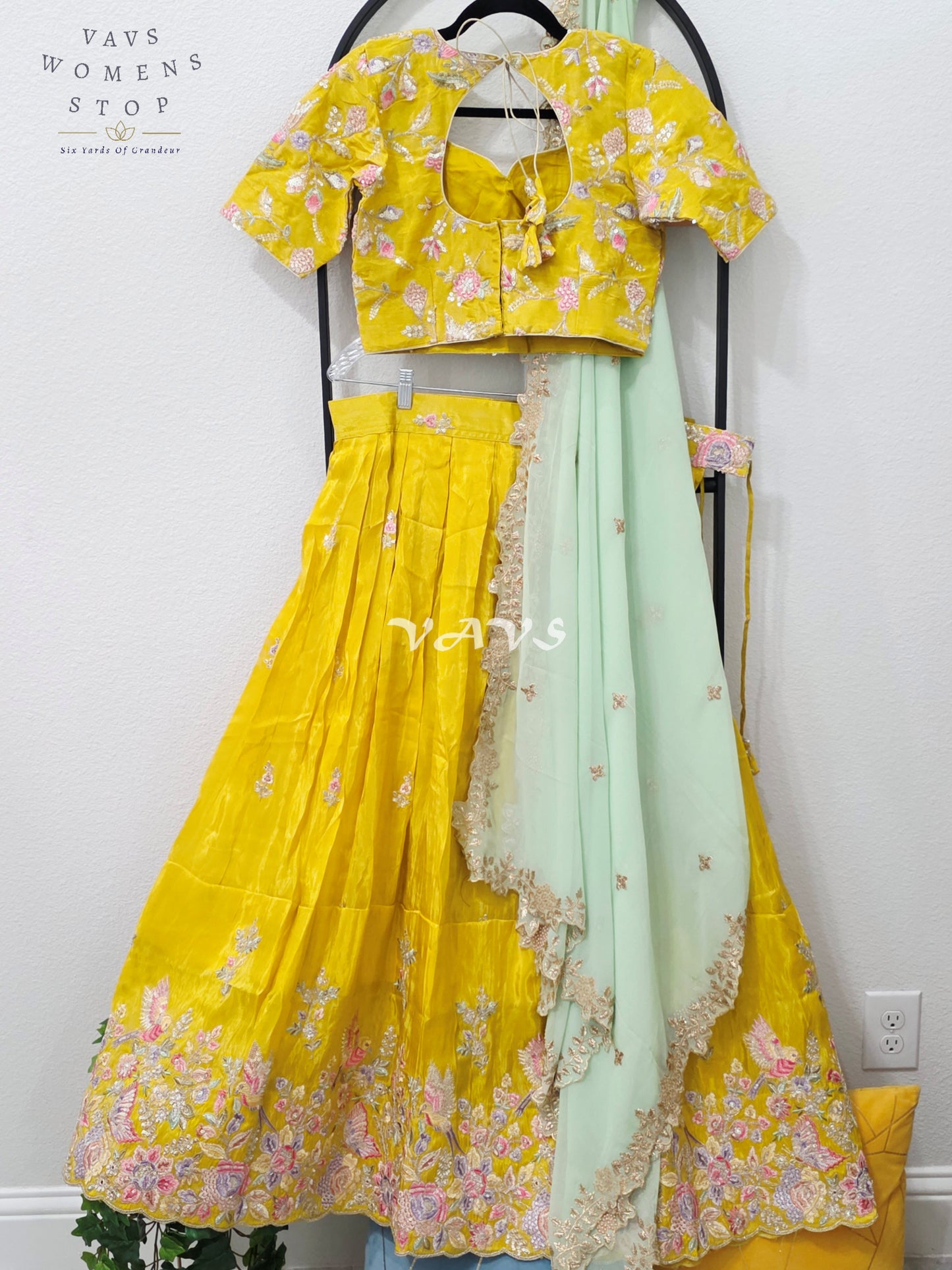 Radiant Marigold Yellow & Mint Mist Munga Tissue Crepe Silk Designer Embroidered Lehenga Half Saree Set with Georgette Dupatta & Blouse 36-42