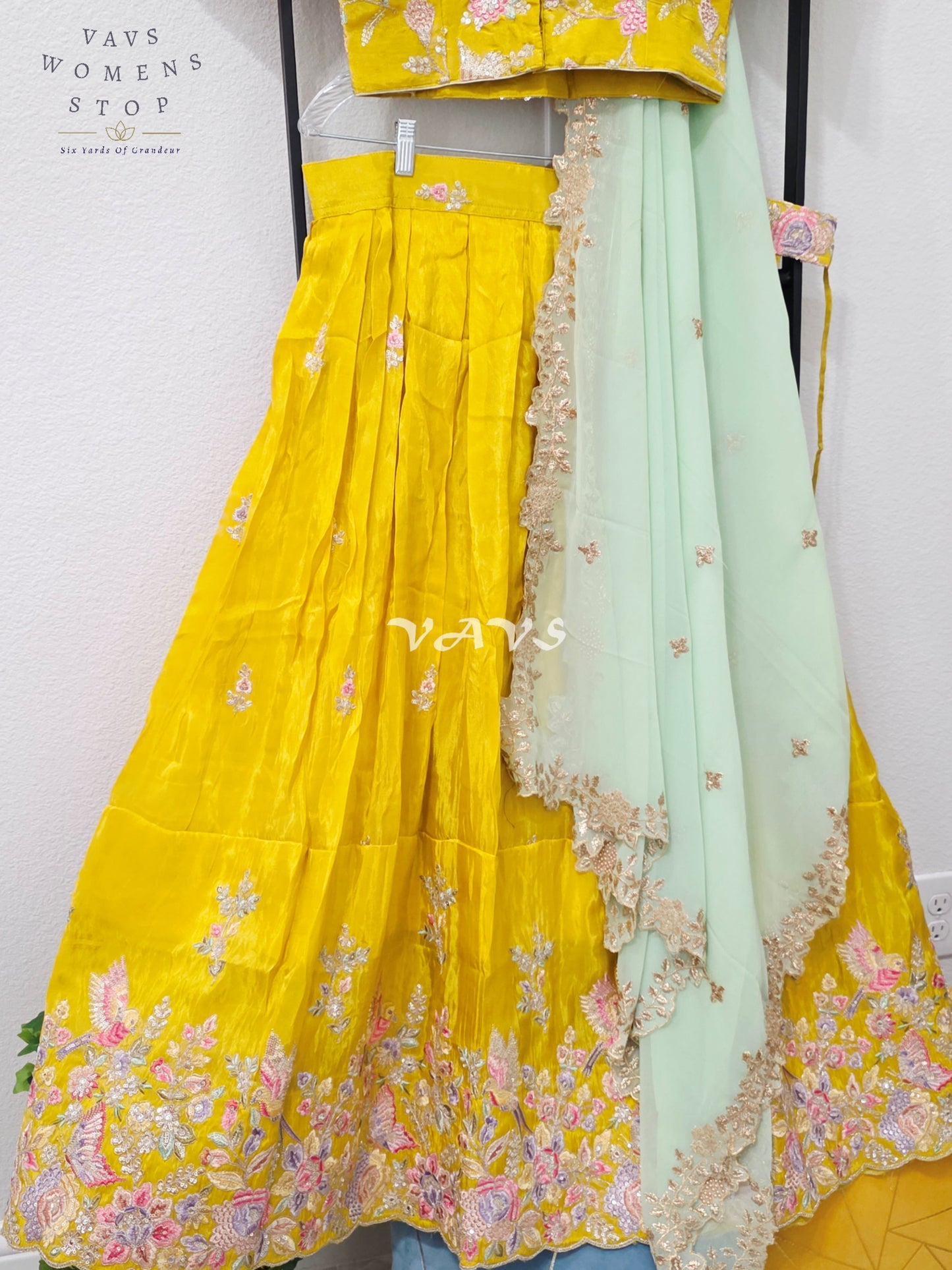Radiant Marigold Yellow & Mint Mist Munga Tissue Crepe Silk Designer Embroidered Lehenga Half Saree Set with Georgette Dupatta & Blouse 36-42