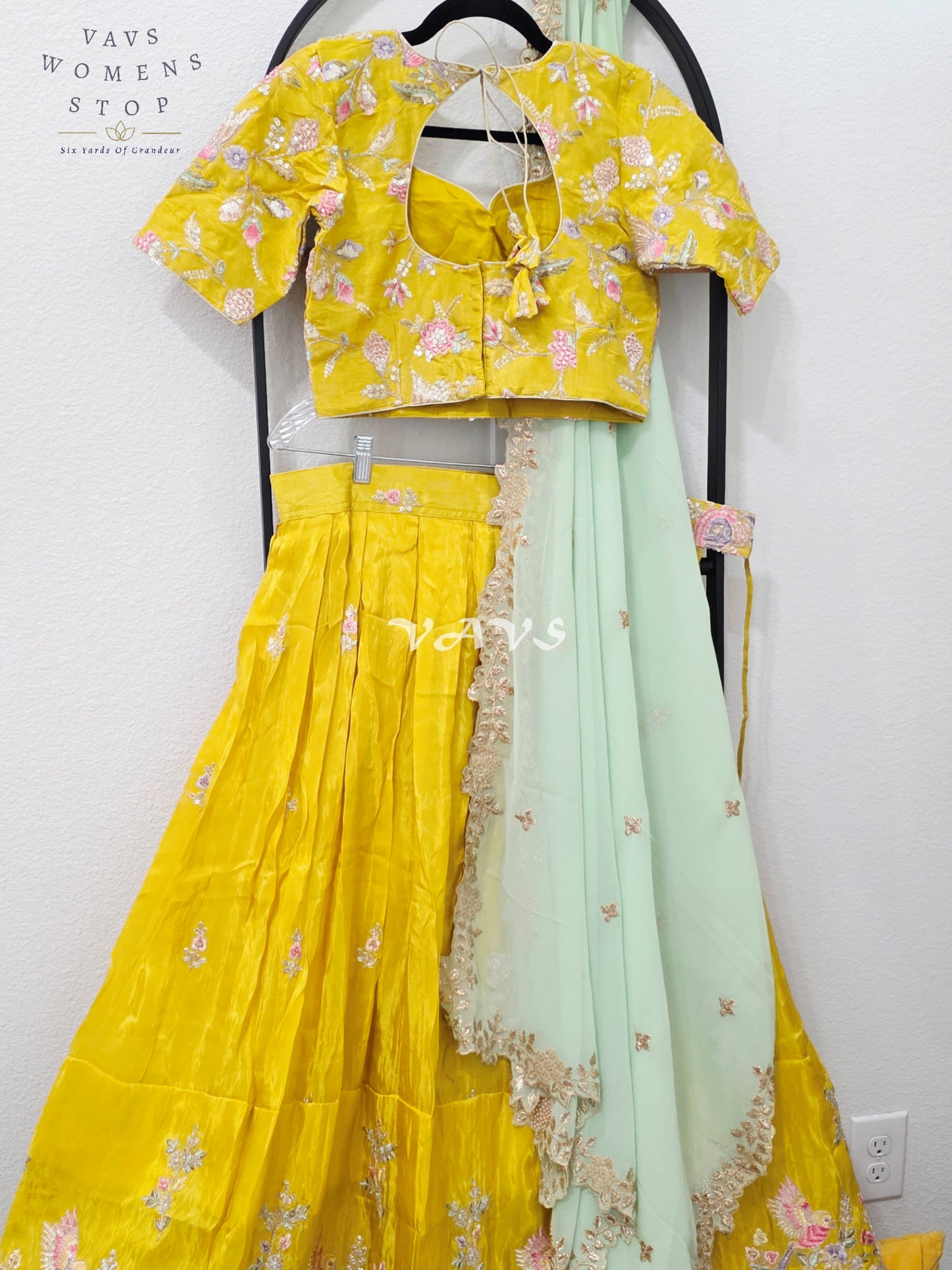 Radiant Marigold Yellow & Mint Mist Munga Tissue Crepe Silk Designer Embroidered Lehenga Half Saree Set with Georgette Dupatta & Blouse 36-42