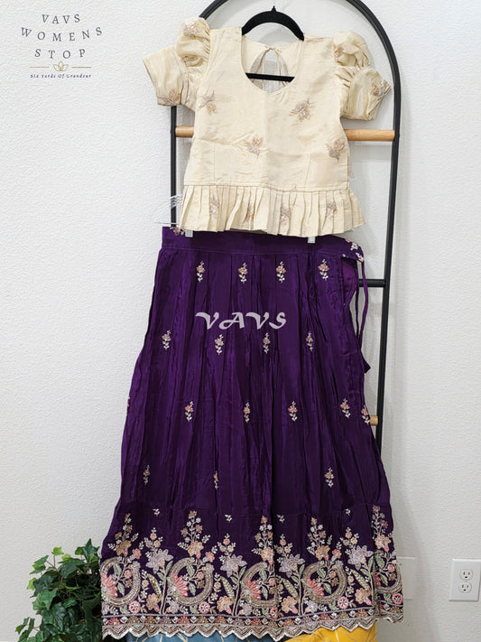 Royal Deep Amethyst Purple Premium Crepe Silk Embroidered Lehenga Set with Ivory Tissue Crop Top for Girls Ages 12–13