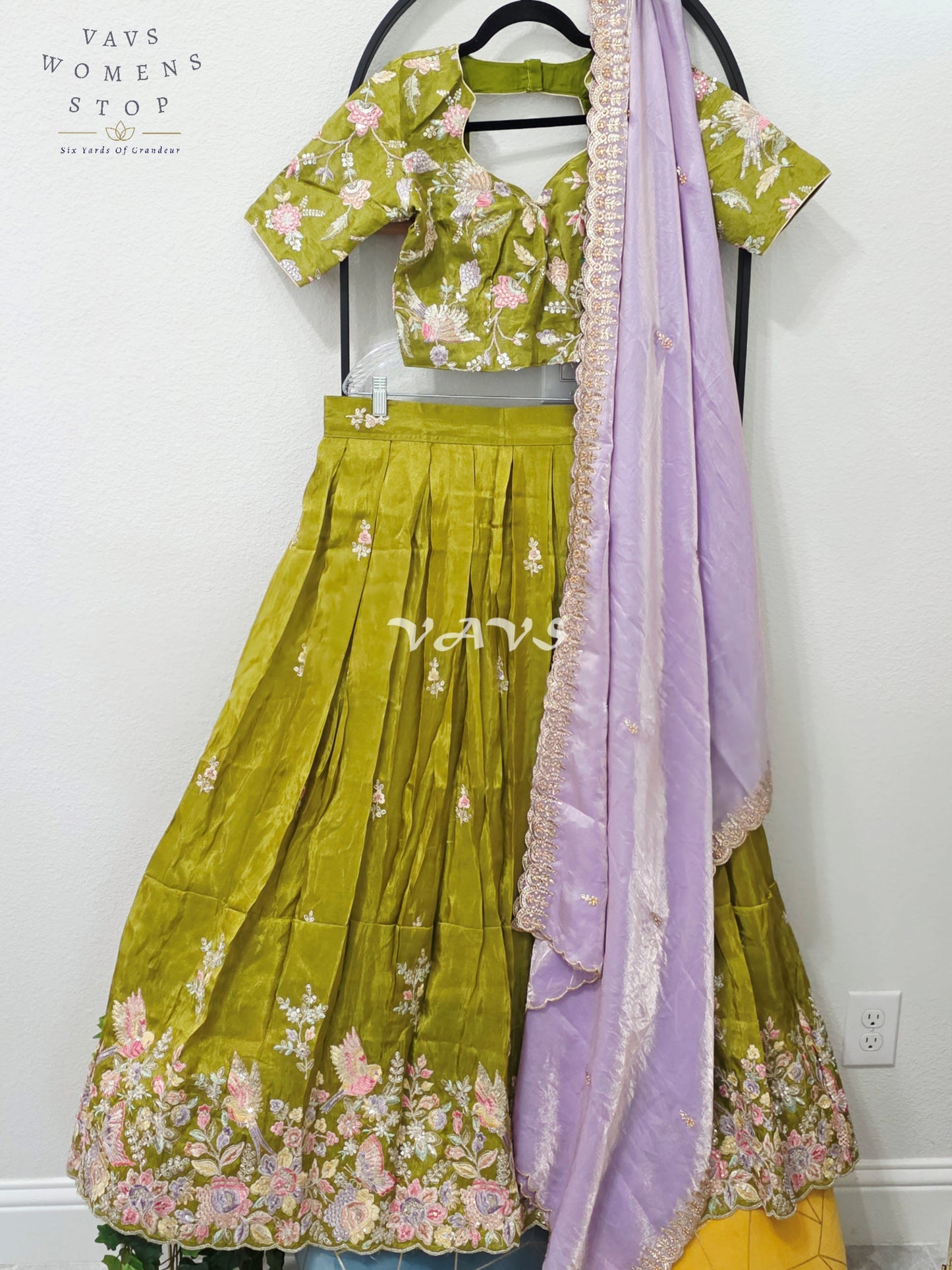 Regal Olive Chartreuse & Lavender Pearl Munga Tissue Crepe Silk Embroidered Lehenga Half Saree with Space Silk Dupatta & Blouse 34-40