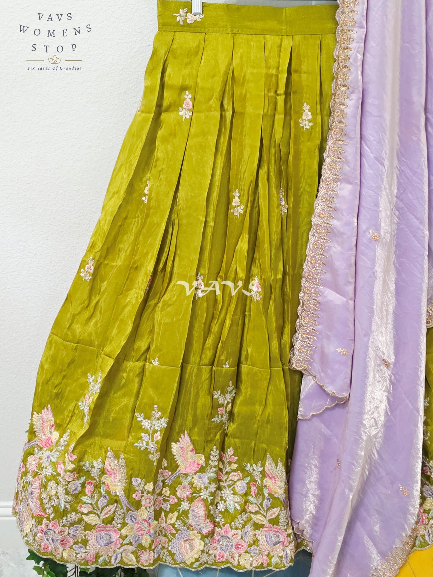 Regal Olive Chartreuse & Lavender Pearl Munga Tissue Crepe Silk Embroidered Lehenga Half Saree with Space Silk Dupatta & Blouse 34-40