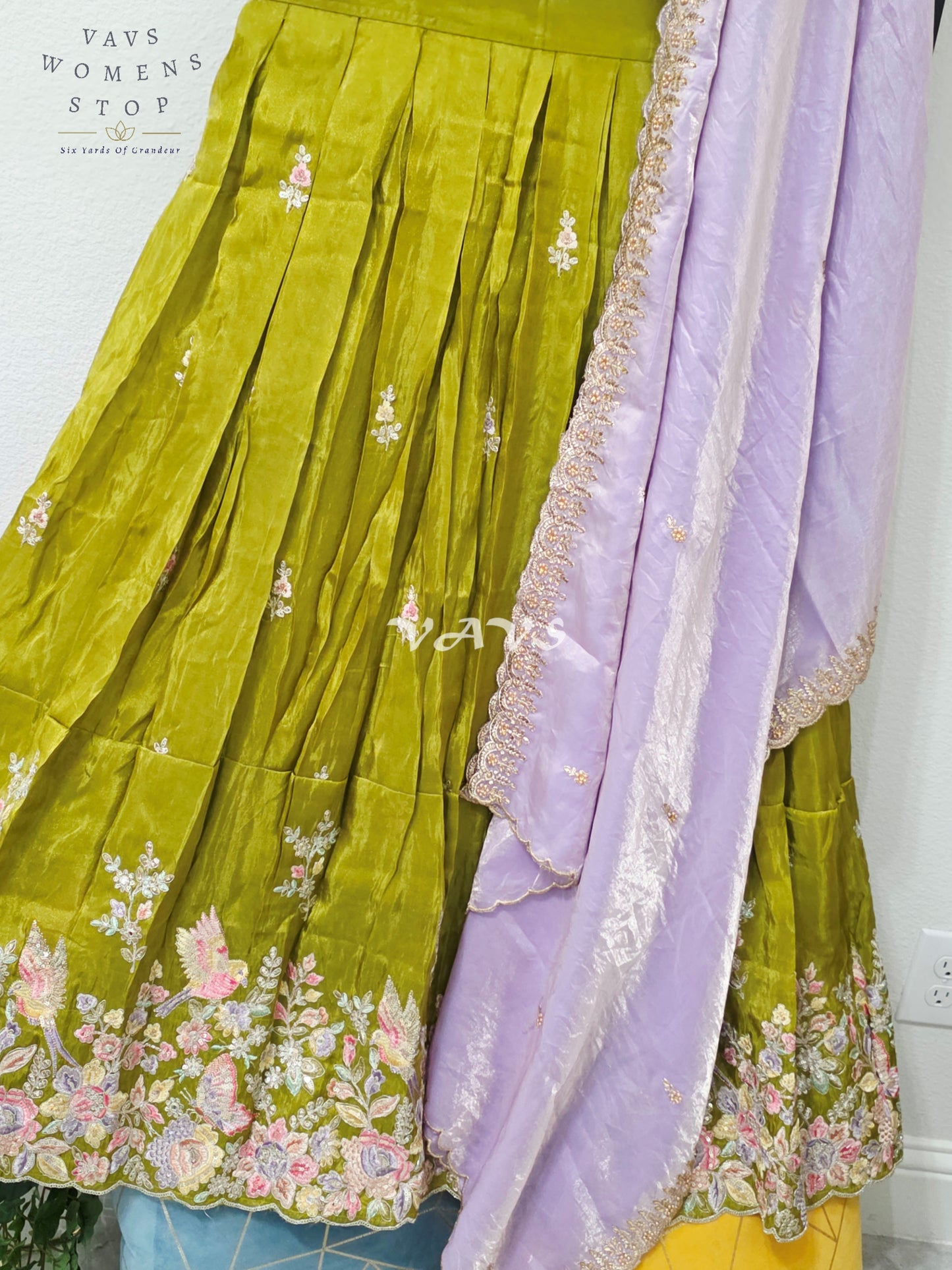 Regal Olive Chartreuse & Lavender Pearl Munga Tissue Crepe Silk Embroidered Lehenga Half Saree with Space Silk Dupatta & Blouse 34-40