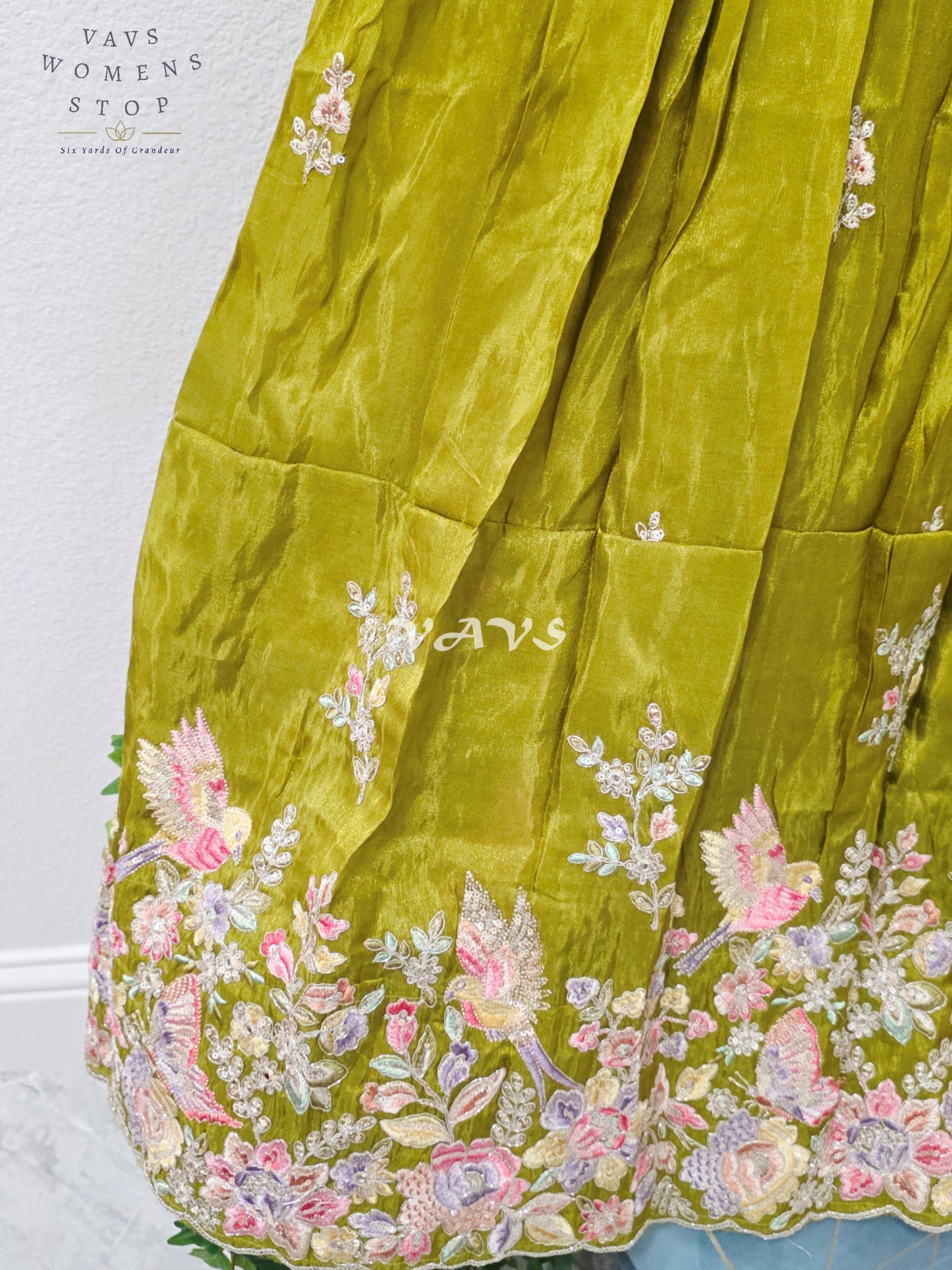 Regal Olive Chartreuse & Lavender Pearl Munga Tissue Crepe Silk Embroidered Lehenga Half Saree with Space Silk Dupatta & Blouse 34-40