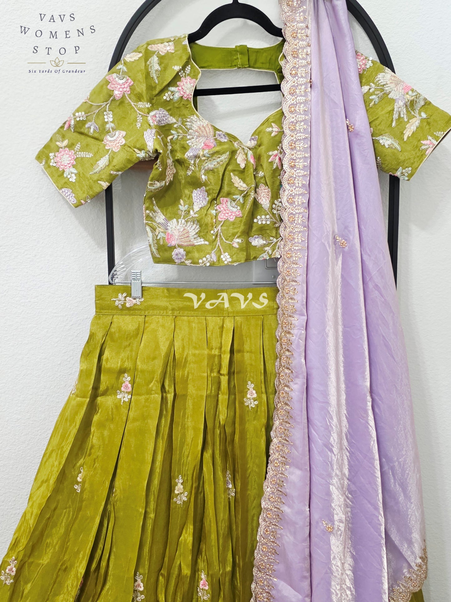 Regal Olive Chartreuse & Lavender Pearl Munga Tissue Crepe Silk Embroidered Lehenga Half Saree with Space Silk Dupatta & Blouse 34-40