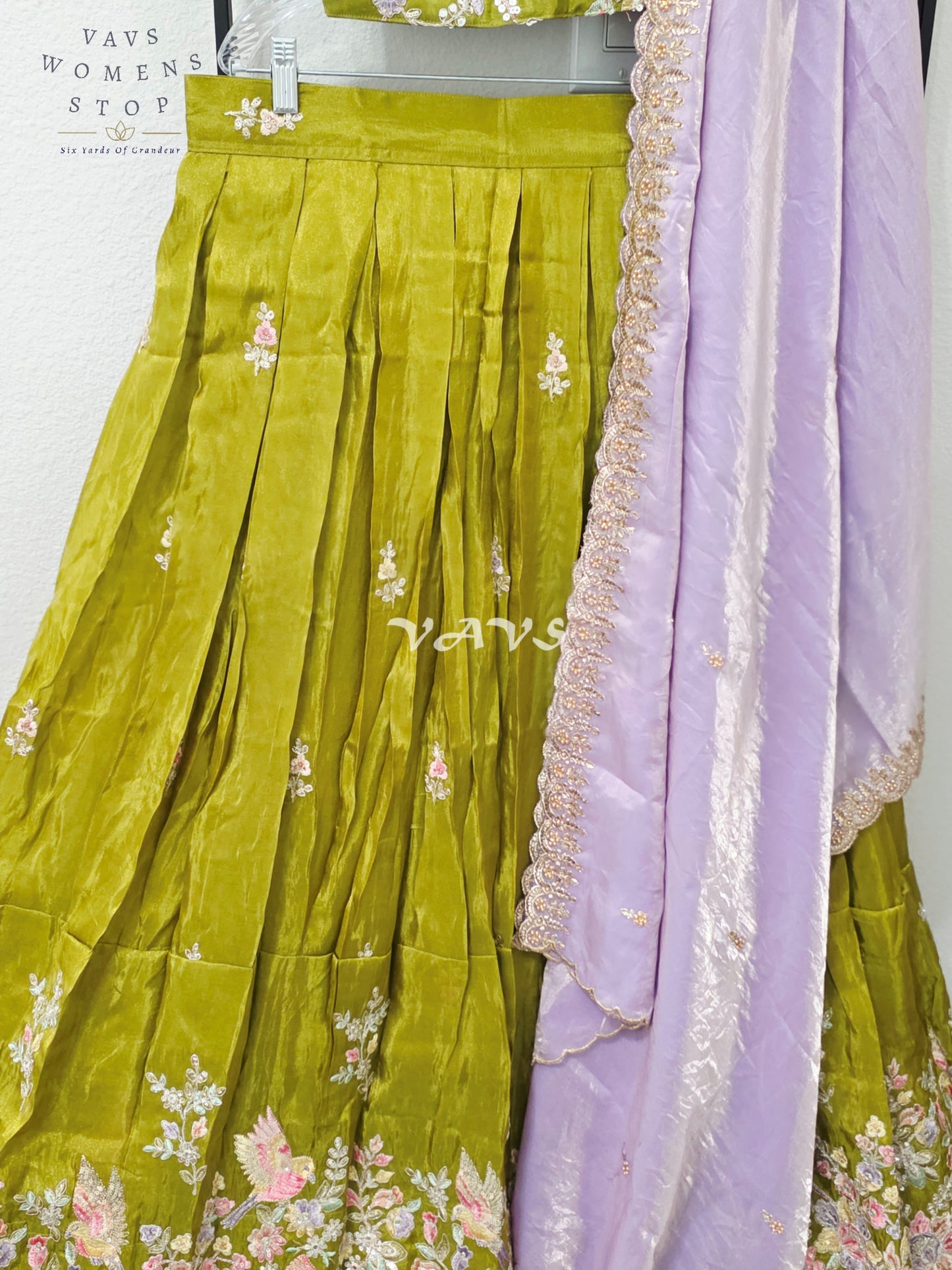 Regal Olive Chartreuse & Lavender Pearl Munga Tissue Crepe Silk Embroidered Lehenga Half Saree with Space Silk Dupatta & Blouse 34-40
