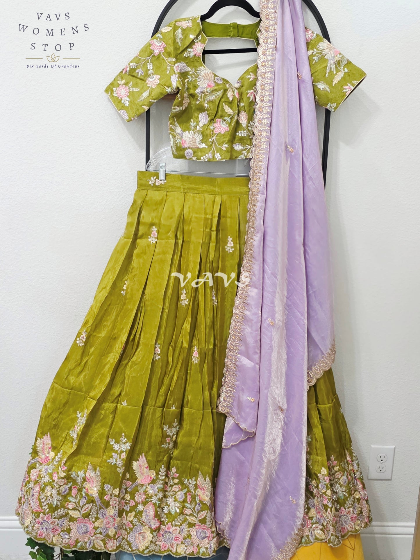 Regal Olive Chartreuse & Lavender Pearl Munga Tissue Crepe Silk Embroidered Lehenga Half Saree with Space Silk Dupatta & Blouse 34-40