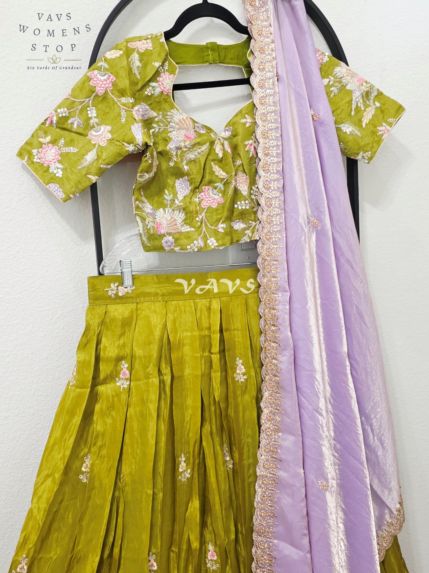 Regal Olive Chartreuse & Lavender Pearl Munga Tissue Crepe Silk Embroidered Lehenga Half Saree with Space Silk Dupatta & Blouse 34-40