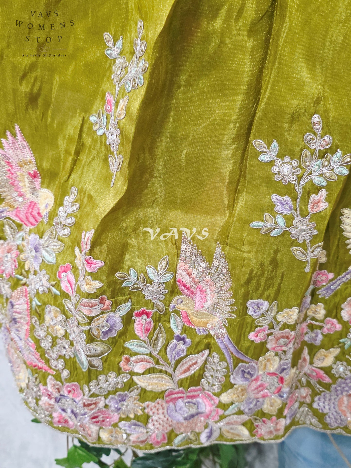 Regal Olive Chartreuse & Lavender Pearl Munga Tissue Crepe Silk Embroidered Lehenga Half Saree with Space Silk Dupatta & Blouse 34-40
