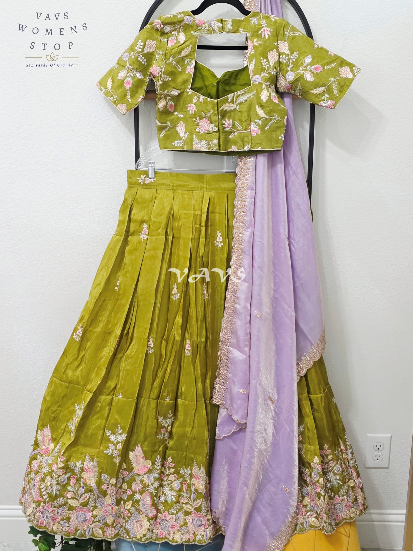 Regal Olive Chartreuse & Lavender Pearl Munga Tissue Crepe Silk Embroidered Lehenga Half Saree with Space Silk Dupatta & Blouse 34-40