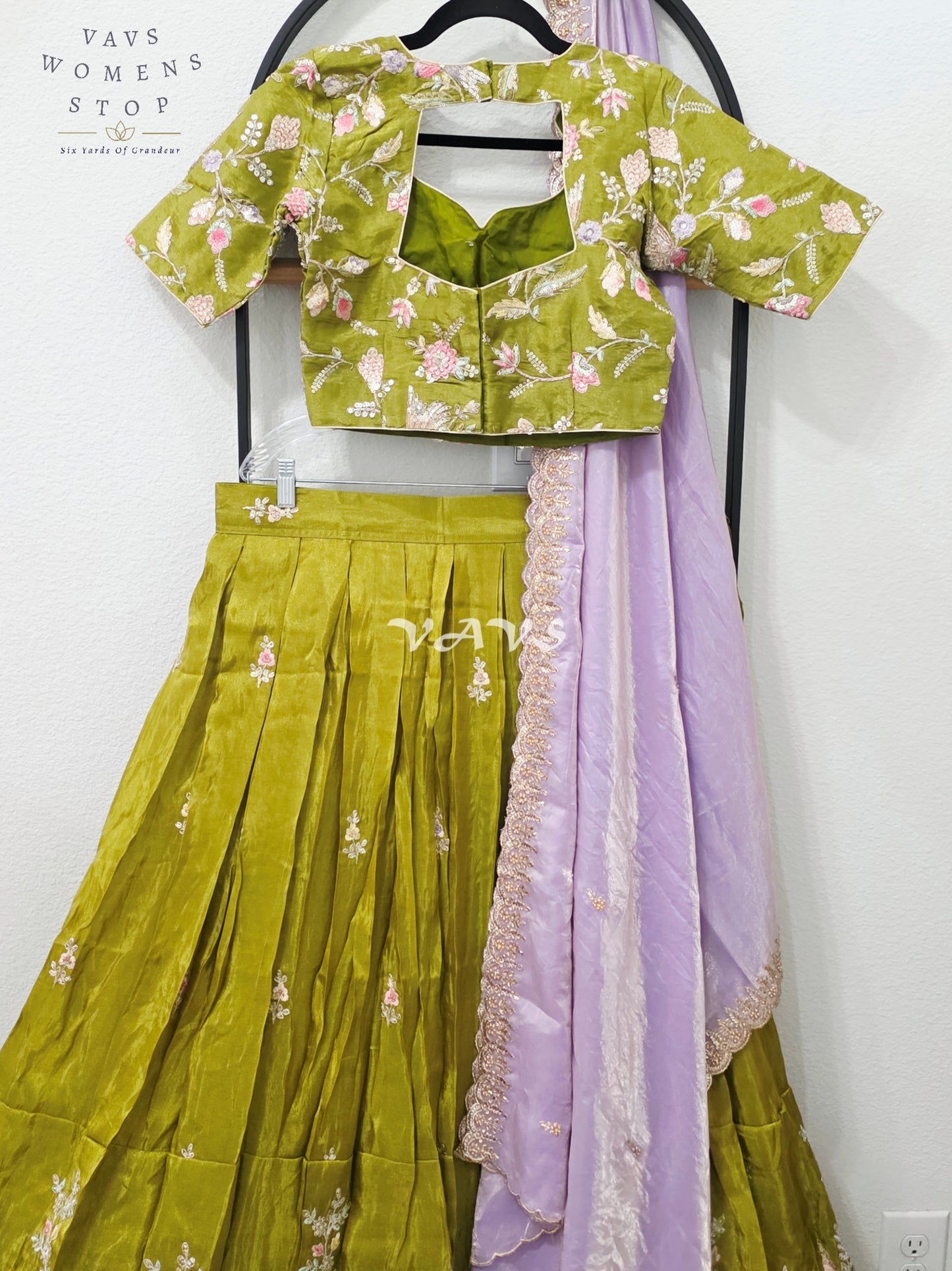 Regal Olive Chartreuse & Lavender Pearl Munga Tissue Crepe Silk Embroidered Lehenga Half Saree with Space Silk Dupatta & Blouse 34-40