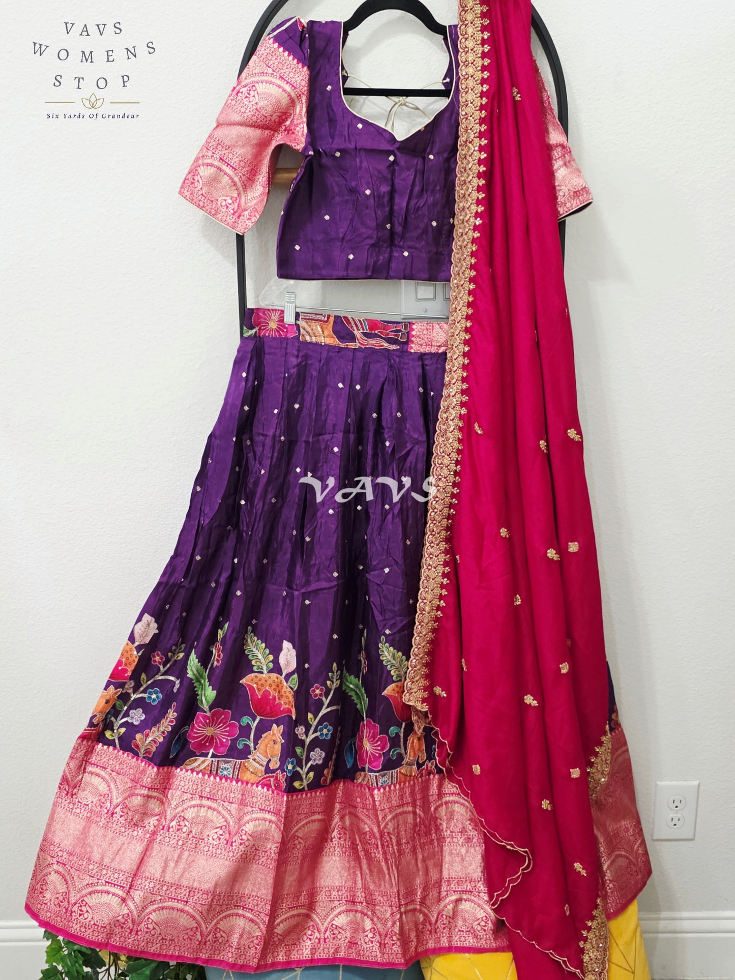 Regal Aubergine Purple & Rani Pink Munga Crepe Silk Kalamkari Embroidered Lehenga Half Saree Set with Chinon Chiffon Dupatta & Blouse 36-42