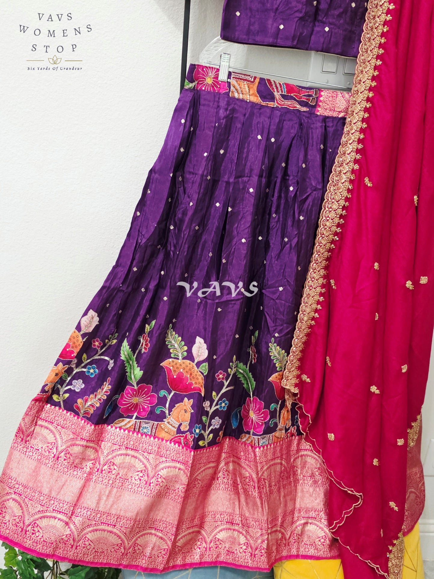 Regal Aubergine Purple & Rani Pink Munga Crepe Silk Kalamkari Embroidered Lehenga Half Saree Set with Chinon Chiffon Dupatta & Blouse 36-42
