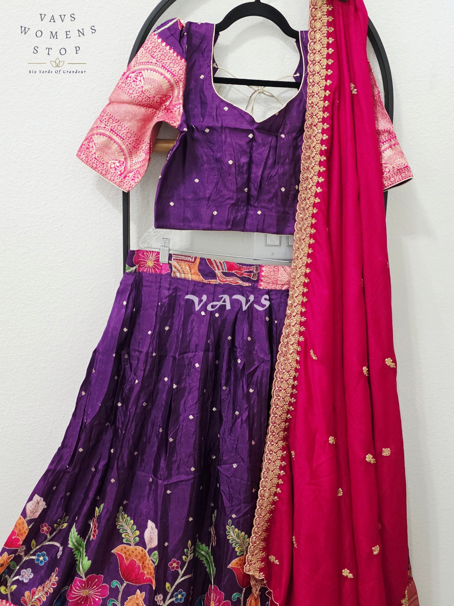 Regal Aubergine Purple & Rani Pink Munga Crepe Silk Kalamkari Embroidered Lehenga Half Saree Set with Chinon Chiffon Dupatta & Blouse 36-42