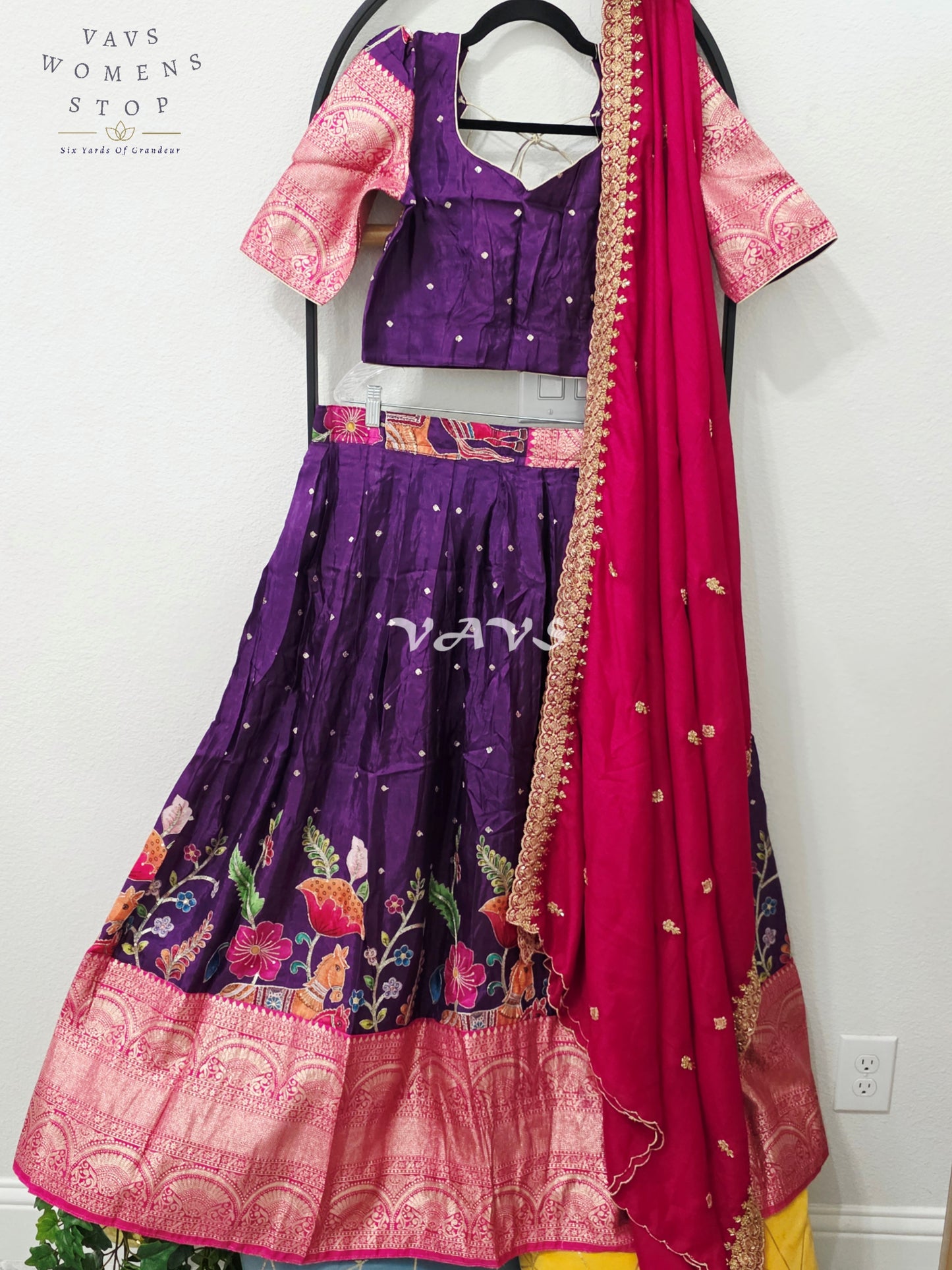 Regal Aubergine Purple & Rani Pink Munga Crepe Silk Kalamkari Embroidered Lehenga Half Saree Set with Chinon Chiffon Dupatta & Blouse 36-42