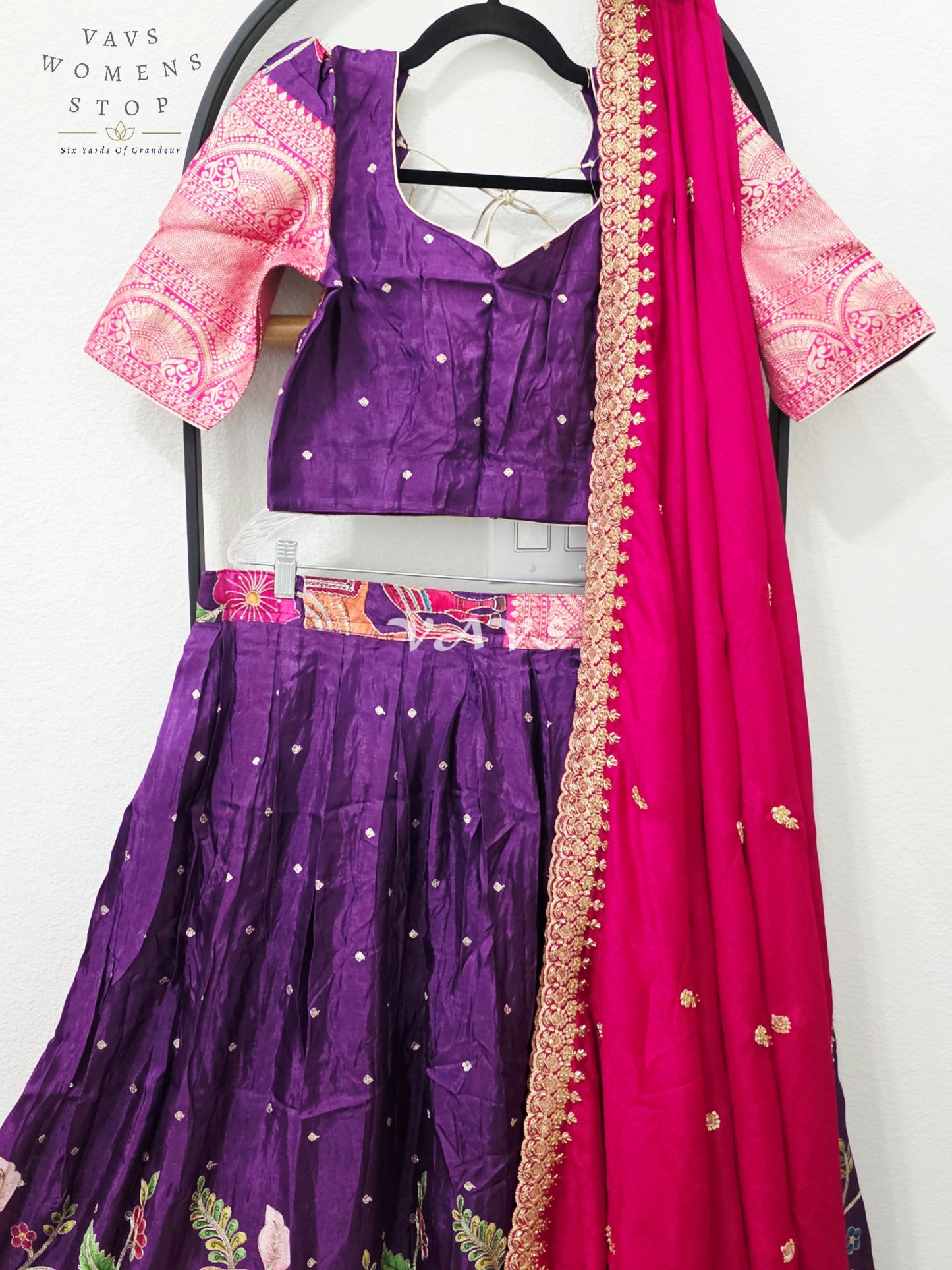 Regal Aubergine Purple & Rani Pink Munga Crepe Silk Kalamkari Embroidered Lehenga Half Saree Set with Chinon Chiffon Dupatta & Blouse 36-42