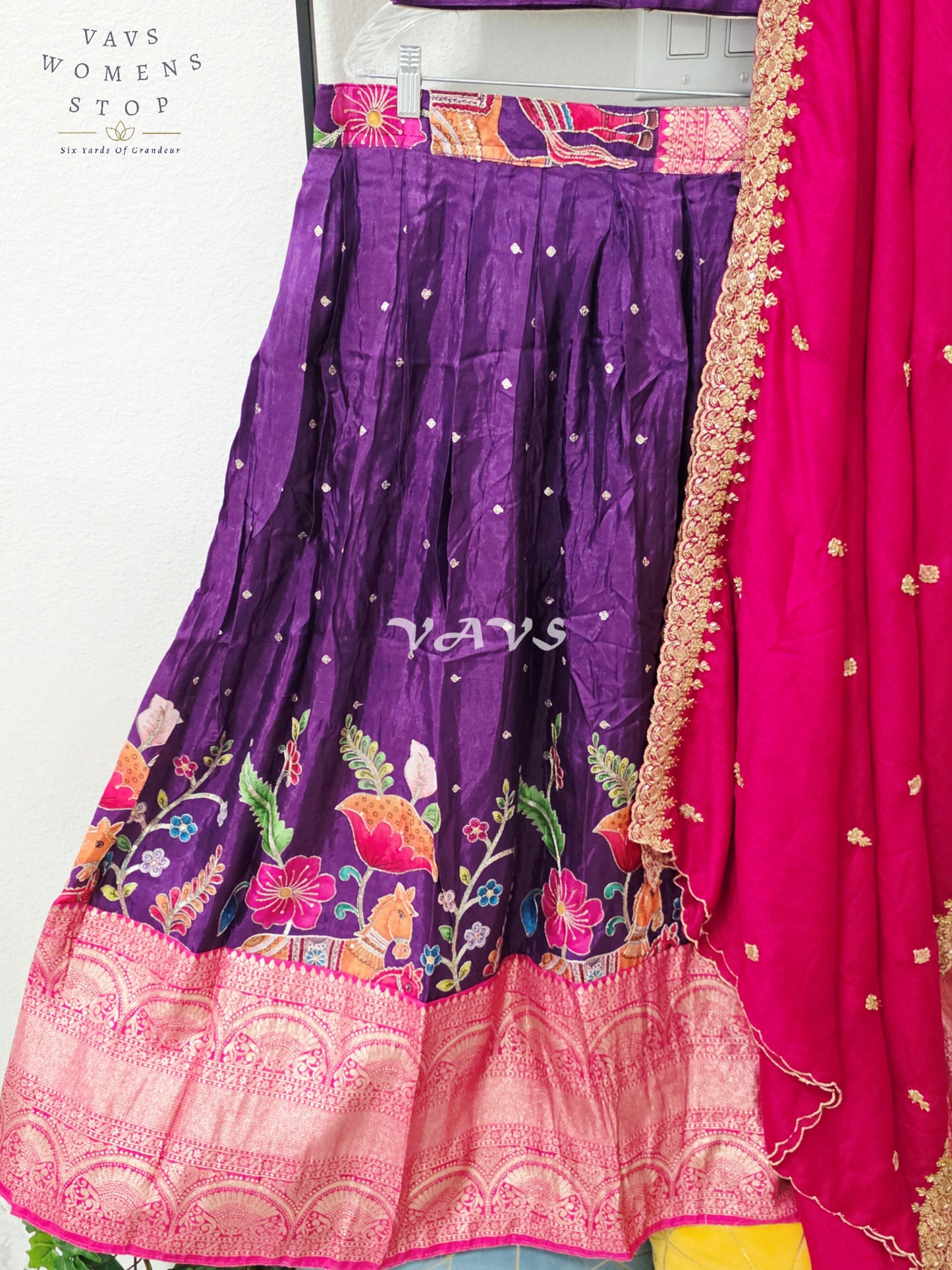 Regal Aubergine Purple & Rani Pink Munga Crepe Silk Kalamkari Embroidered Lehenga Half Saree Set with Chinon Chiffon Dupatta & Blouse 36-42