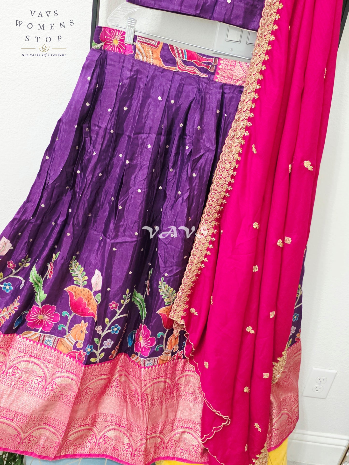 Regal Aubergine Purple & Rani Pink Munga Crepe Silk Kalamkari Embroidered Lehenga Half Saree Set with Chinon Chiffon Dupatta & Blouse 36-42