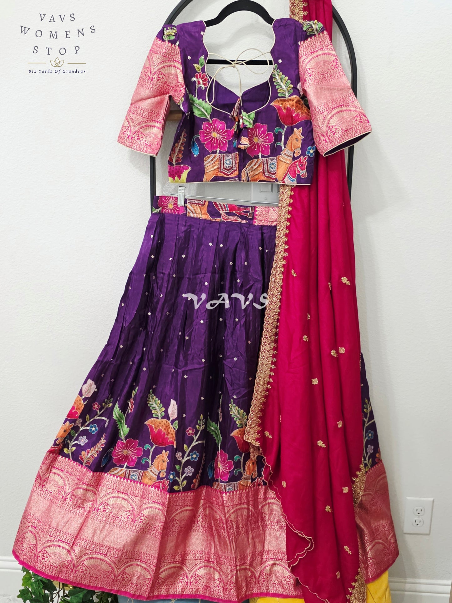 Regal Aubergine Purple & Rani Pink Munga Crepe Silk Kalamkari Embroidered Lehenga Half Saree Set with Chinon Chiffon Dupatta & Blouse 36-42