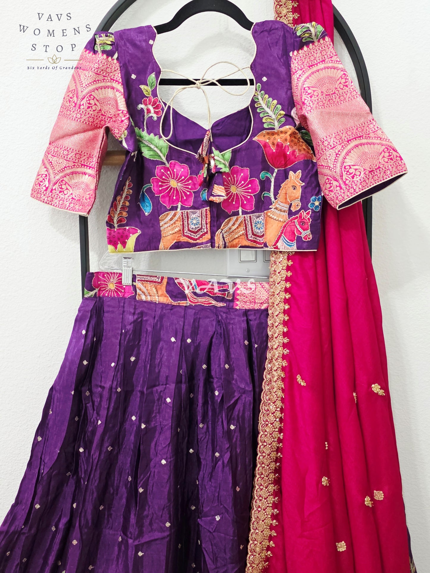 Regal Aubergine Purple & Rani Pink Munga Crepe Silk Kalamkari Embroidered Lehenga Half Saree Set with Chinon Chiffon Dupatta & Blouse 36-42