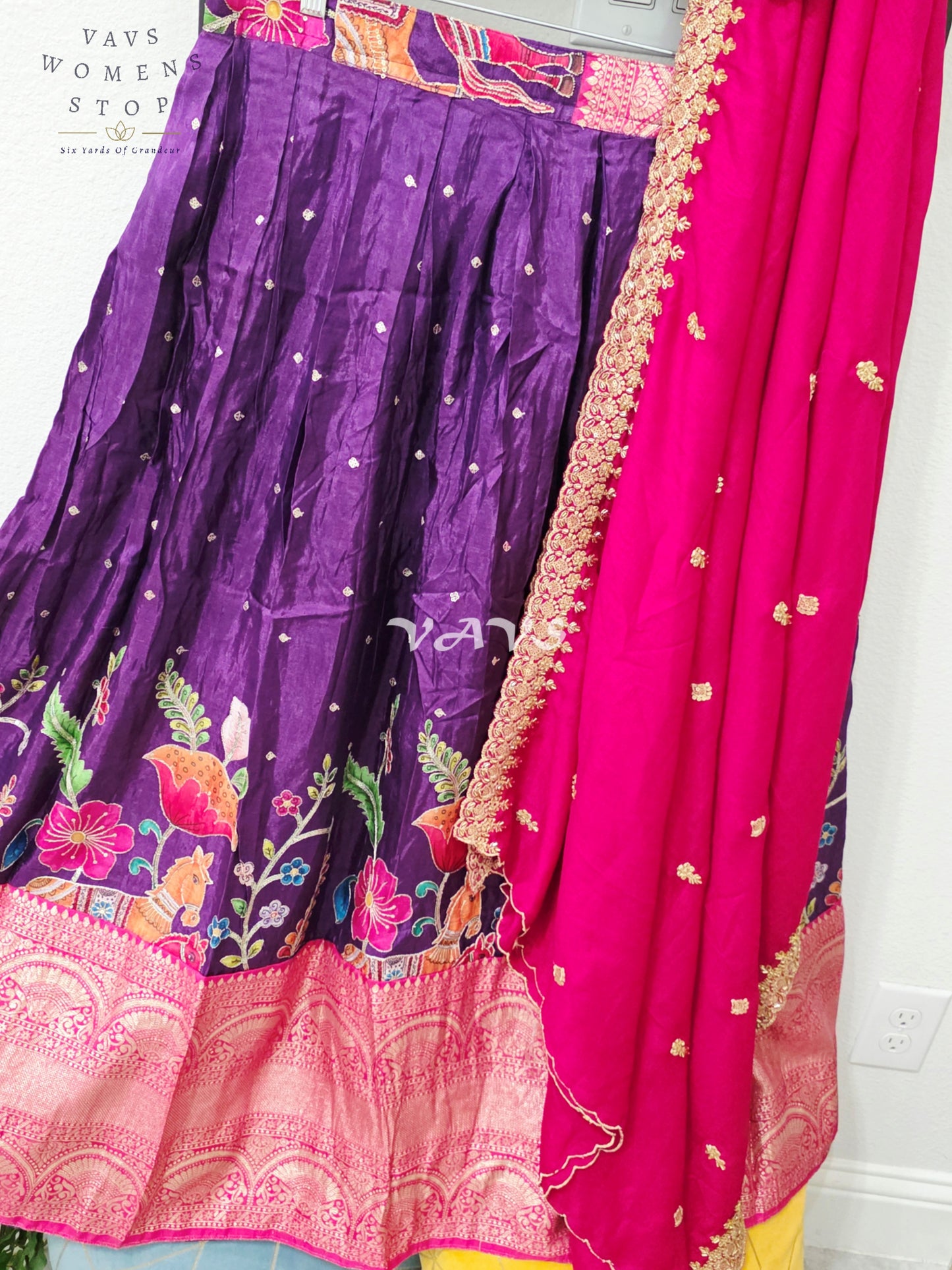 Regal Aubergine Purple & Rani Pink Munga Crepe Silk Kalamkari Embroidered Lehenga Half Saree Set with Chinon Chiffon Dupatta & Blouse 36-42