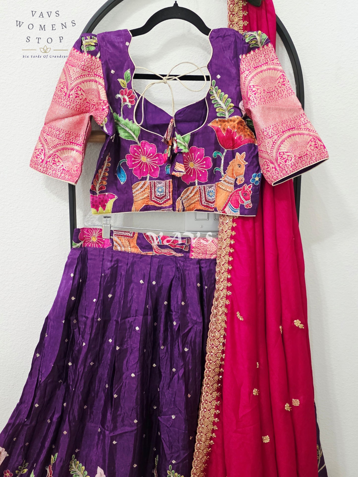 Regal Aubergine Purple & Rani Pink Munga Crepe Silk Kalamkari Embroidered Lehenga Half Saree Set with Chinon Chiffon Dupatta & Blouse 36-42