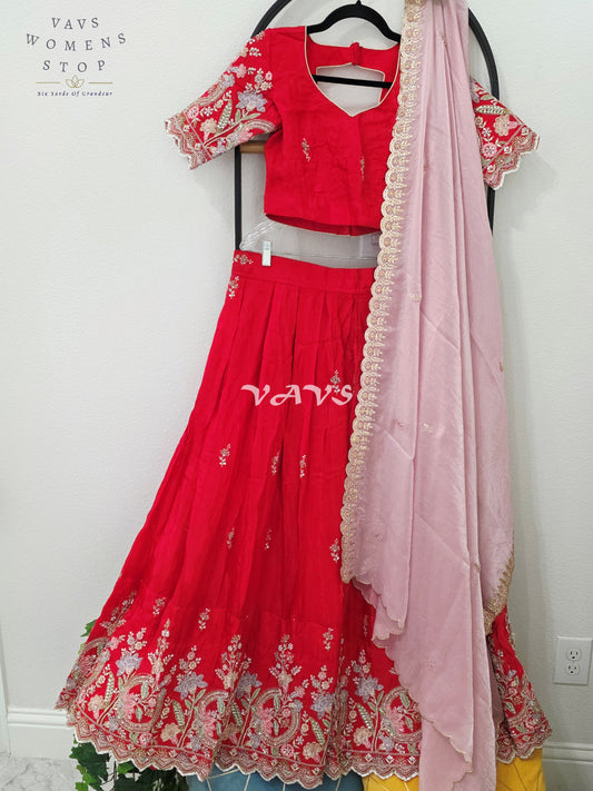 Regal Ruby Red & Blush Rose Munga Tissue Crepe Silk Designer Embroidered Lehenga Half Saree with Space Silk Dupatta & Blouse 34-40