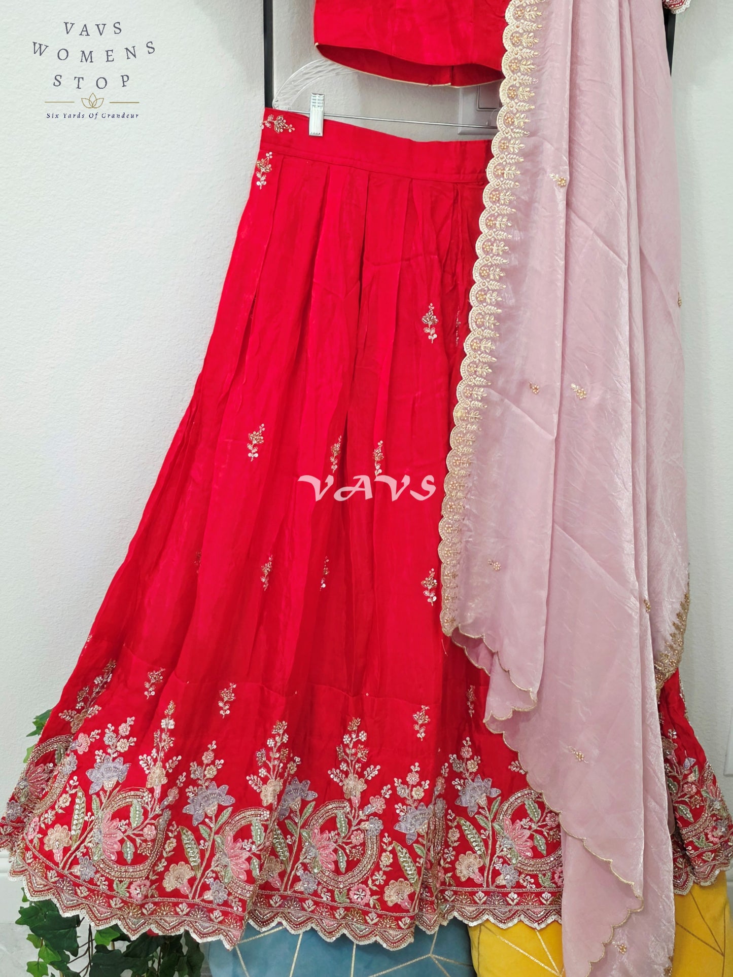 Regal Ruby Red & Blush Rose Munga Tissue Crepe Silk Designer Embroidered Lehenga Half Saree with Space Silk Dupatta & Blouse 34-40