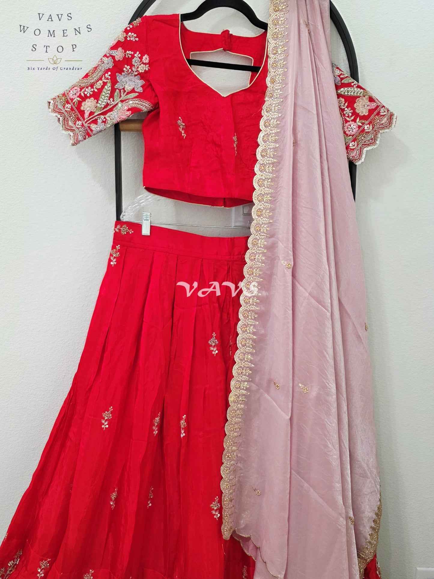 Regal Ruby Red & Blush Rose Munga Tissue Crepe Silk Designer Embroidered Lehenga Half Saree with Space Silk Dupatta & Blouse 34-40