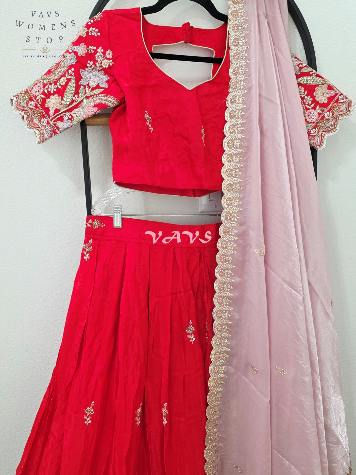 Regal Ruby Red & Blush Rose Munga Tissue Crepe Silk Designer Embroidered Lehenga Half Saree with Space Silk Dupatta & Blouse 34-40