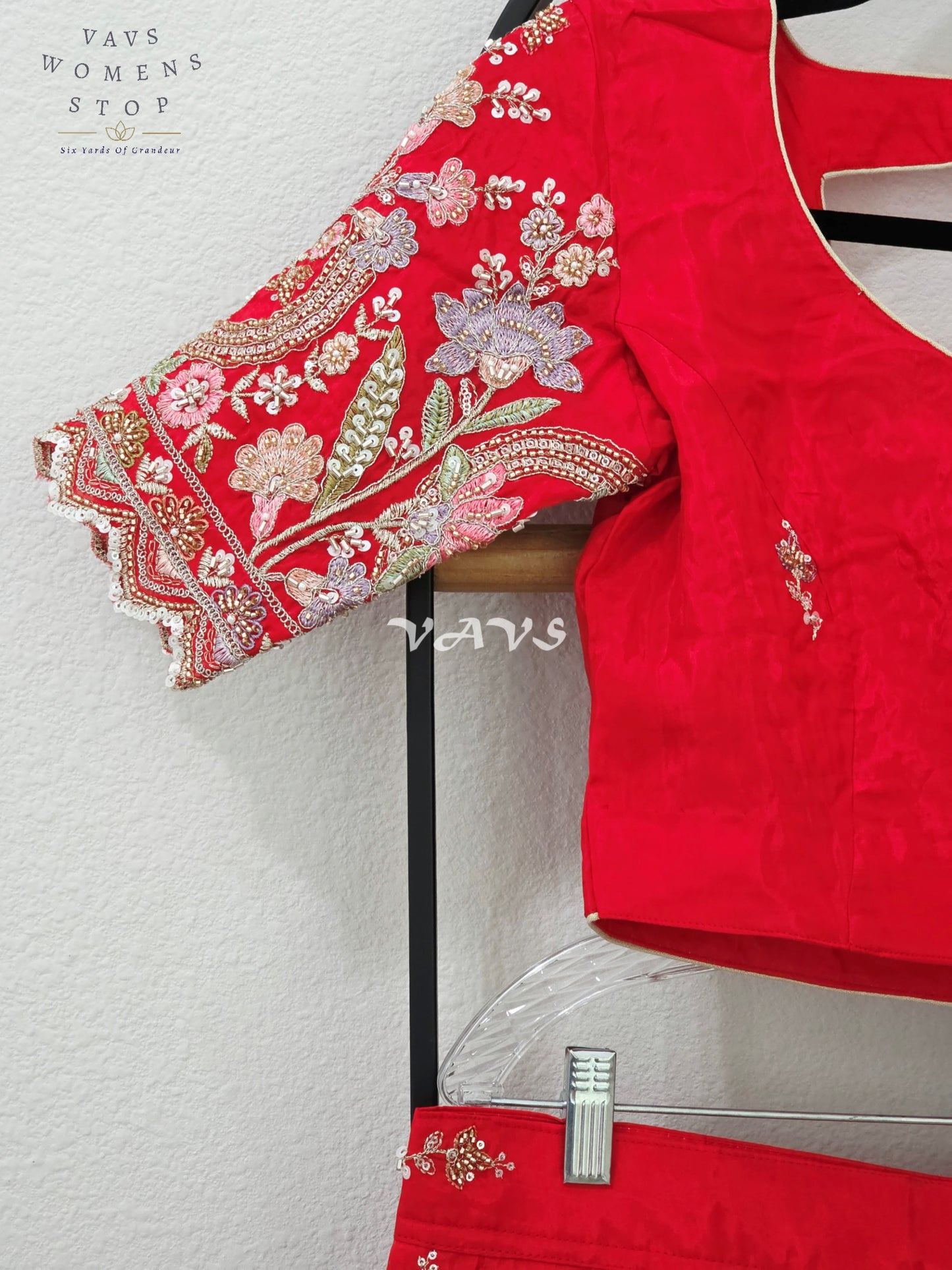 Regal Ruby Red & Blush Rose Munga Tissue Crepe Silk Designer Embroidered Lehenga Half Saree with Space Silk Dupatta & Blouse 34-40