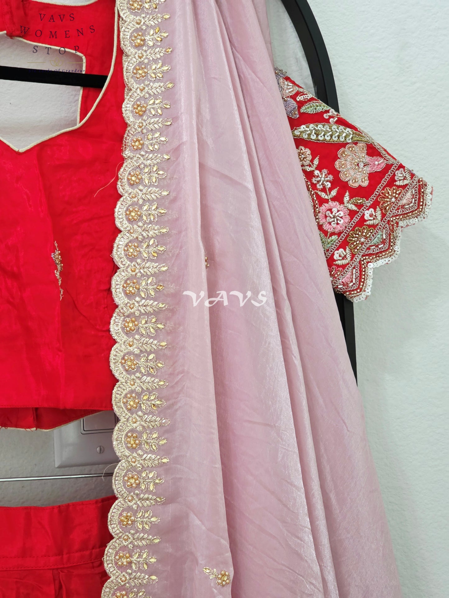 Regal Ruby Red & Blush Rose Munga Tissue Crepe Silk Designer Embroidered Lehenga Half Saree with Space Silk Dupatta & Blouse 34-40