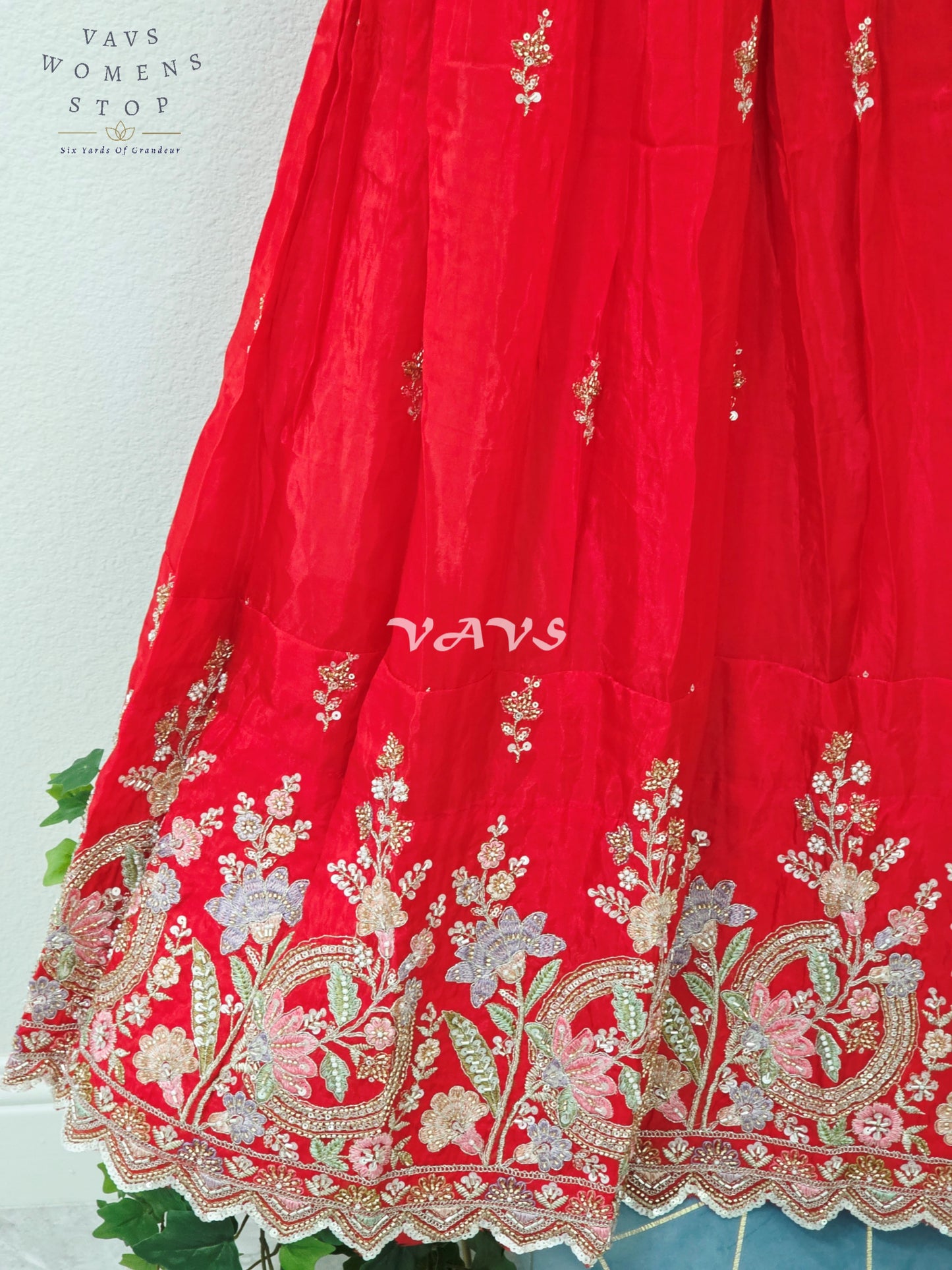 Regal Ruby Red & Blush Rose Munga Tissue Crepe Silk Designer Embroidered Lehenga Half Saree with Space Silk Dupatta & Blouse 34-40