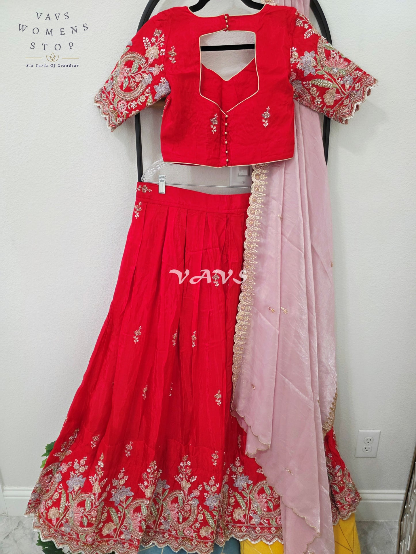Regal Ruby Red & Blush Rose Munga Tissue Crepe Silk Designer Embroidered Lehenga Half Saree with Space Silk Dupatta & Blouse 34-40