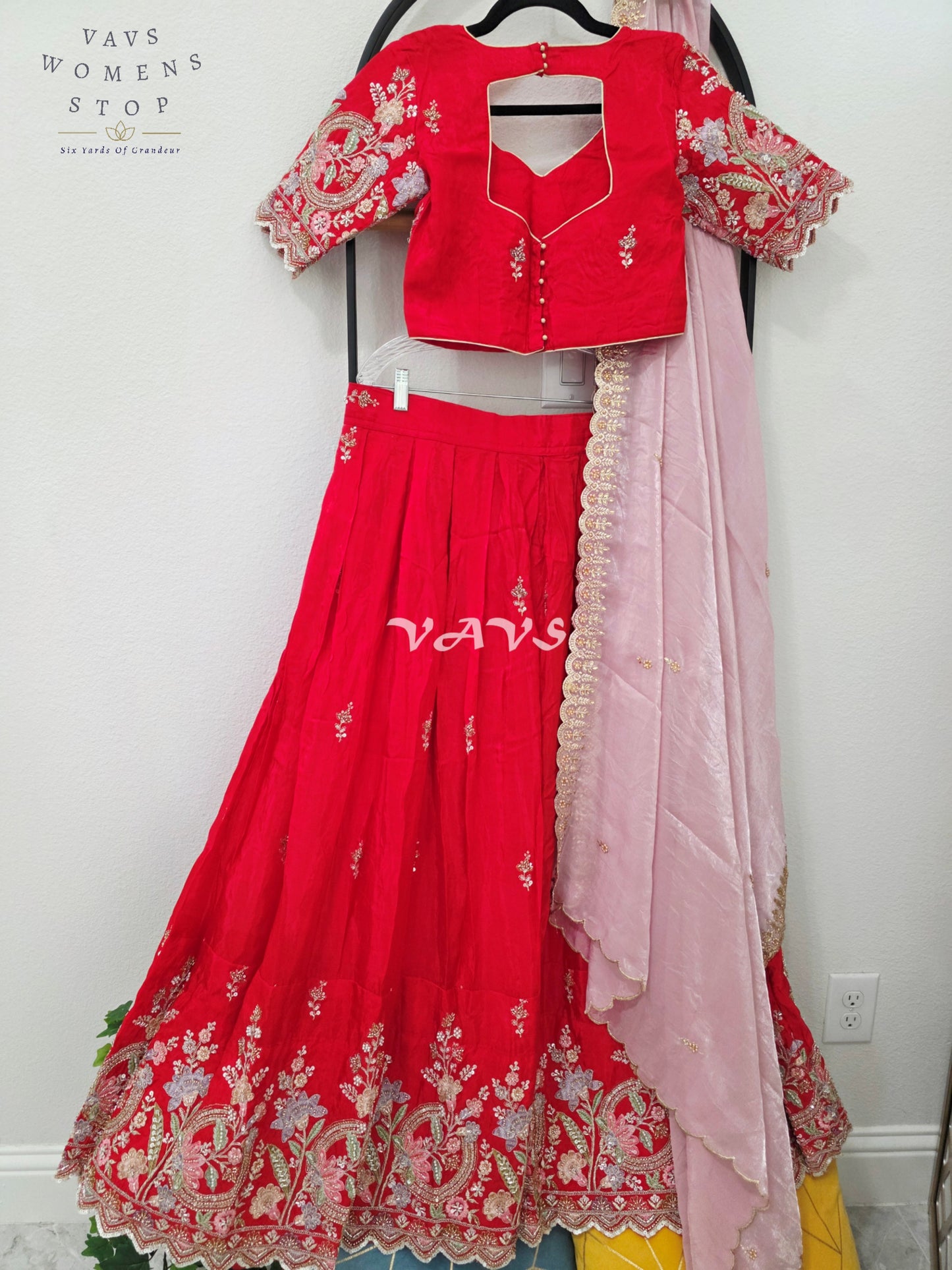 Regal Ruby Red & Blush Rose Munga Tissue Crepe Silk Designer Embroidered Lehenga Half Saree with Space Silk Dupatta & Blouse 34-40