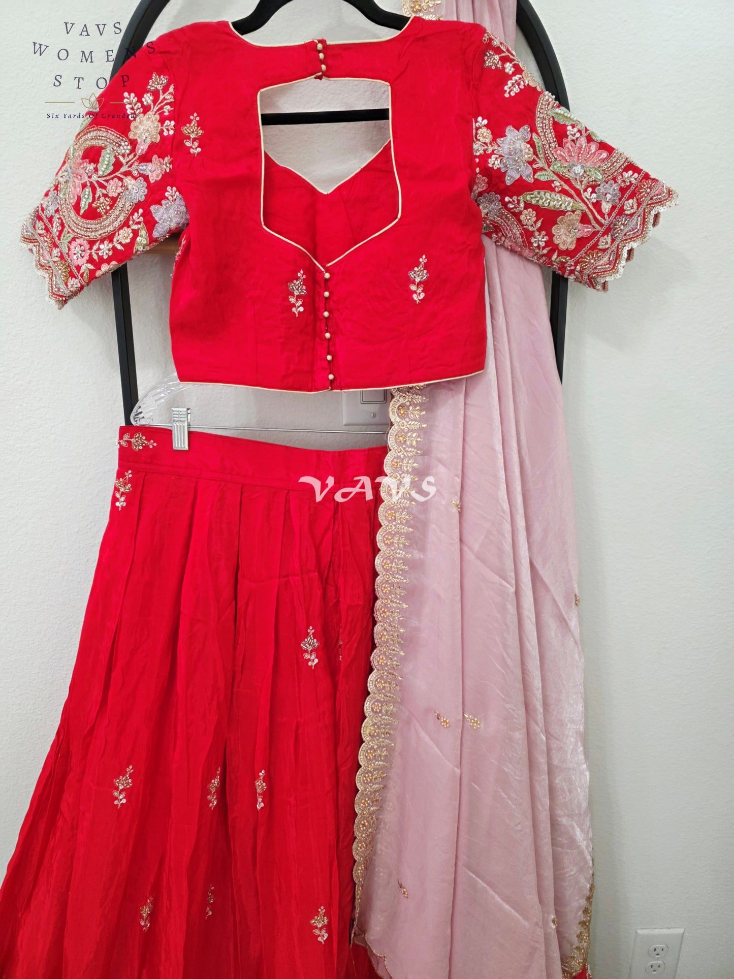 Regal Ruby Red & Blush Rose Munga Tissue Crepe Silk Designer Embroidered Lehenga Half Saree with Space Silk Dupatta & Blouse 34-40