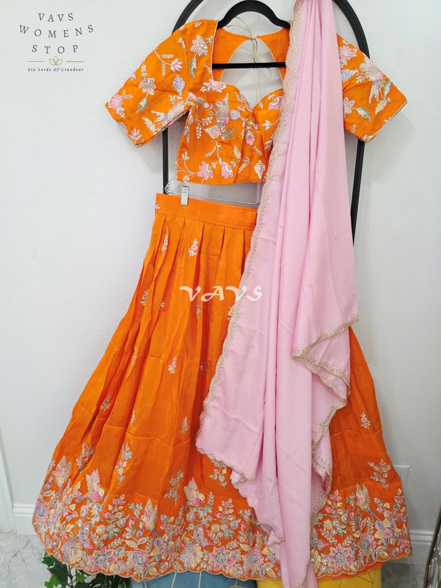 Radiant Tangerine Orange & Blush Pink Munga Tissue Crepe Silk Embroidered Lehenga Half Saree with Chinon Silk Dupatta & Blouse 38-44