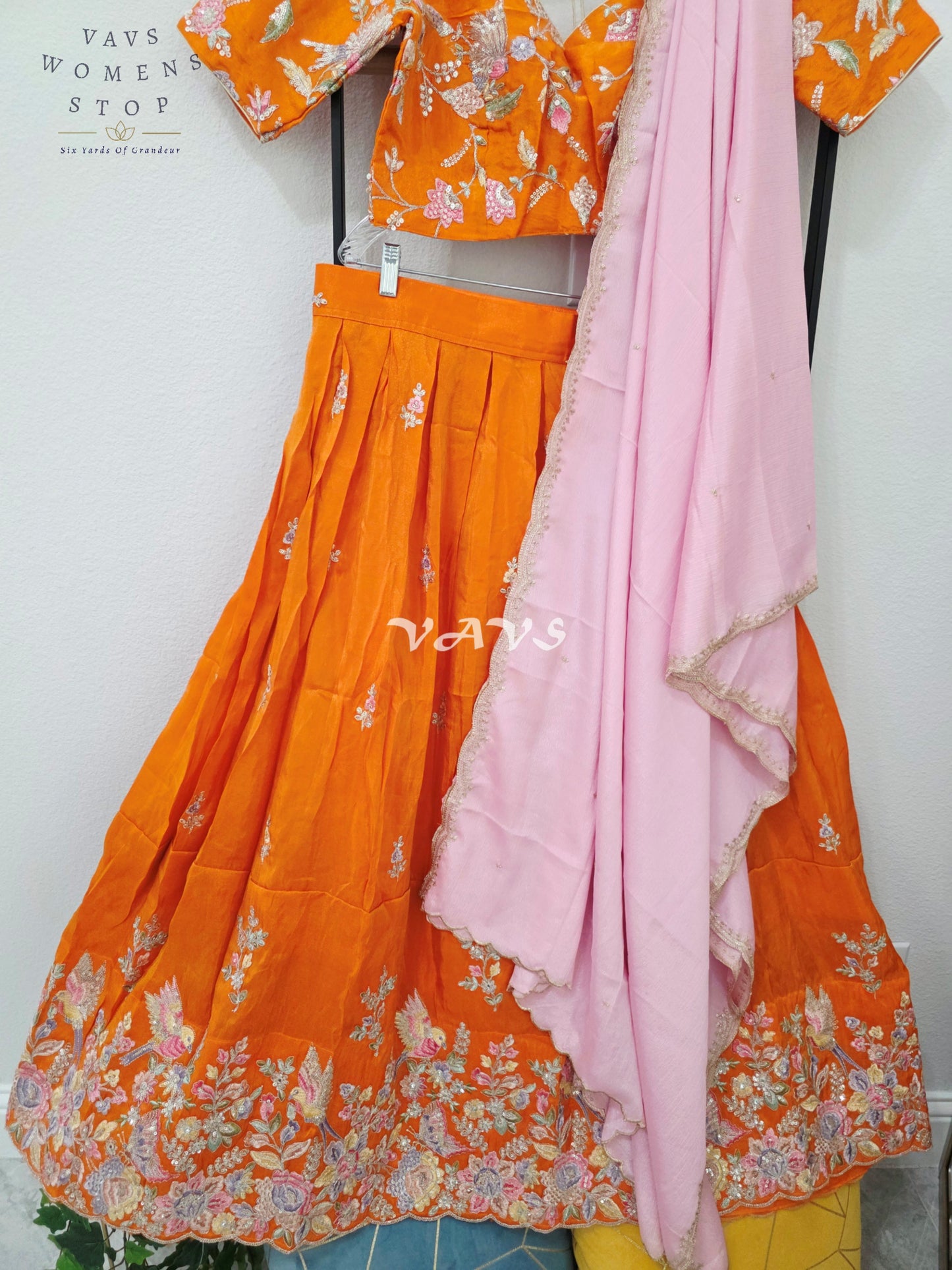 Radiant Tangerine Orange & Blush Pink Munga Tissue Crepe Silk Embroidered Lehenga Half Saree with Chinon Silk Dupatta & Blouse 38-44