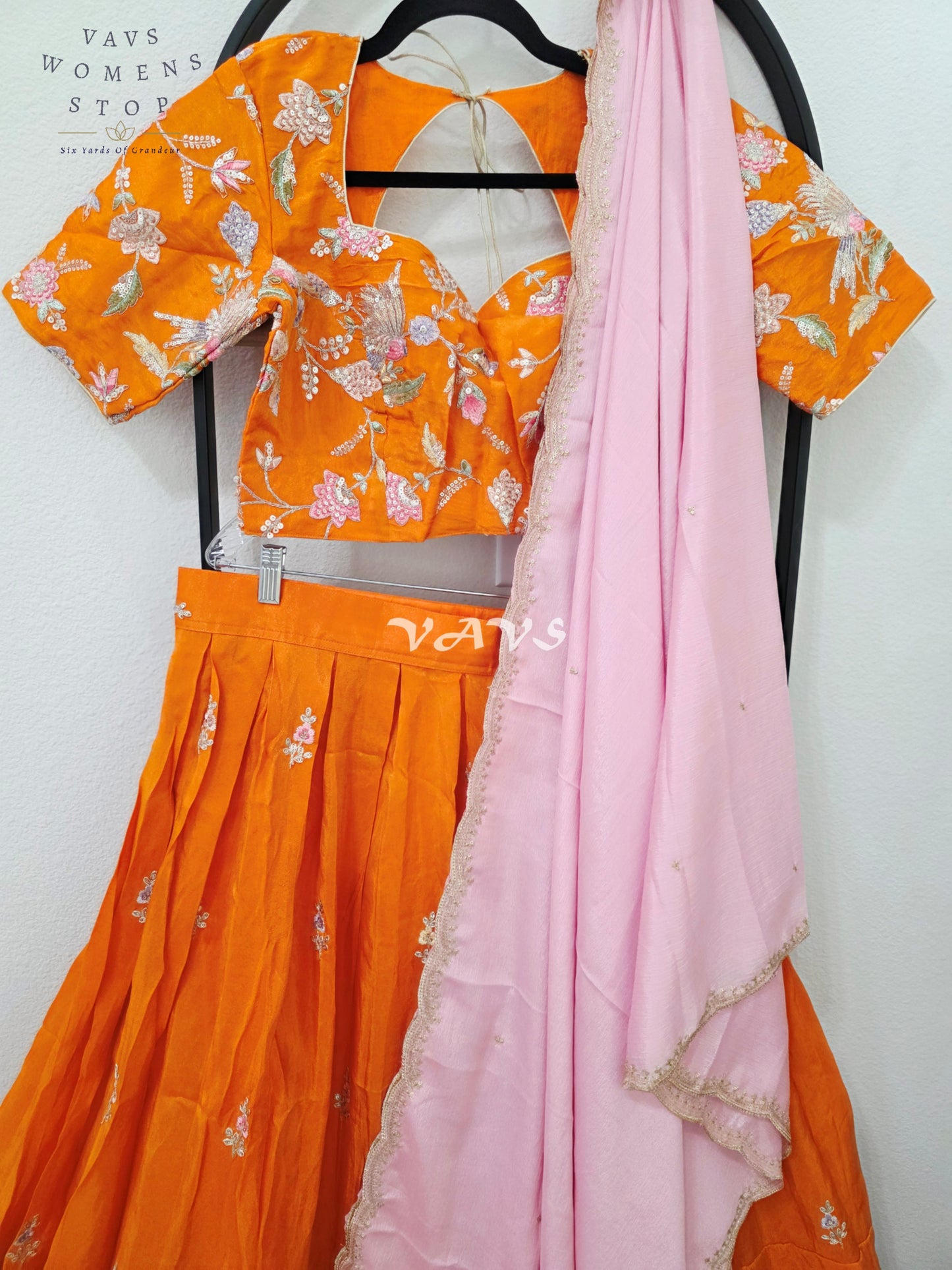 Radiant Tangerine Orange & Blush Pink Munga Tissue Crepe Silk Embroidered Lehenga Half Saree with Chinon Silk Dupatta & Blouse 38-44