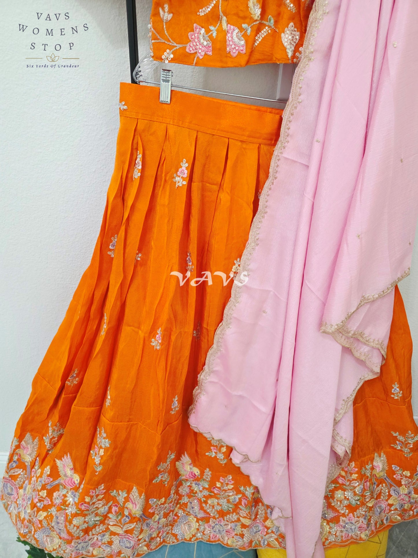 Radiant Tangerine Orange & Blush Pink Munga Tissue Crepe Silk Embroidered Lehenga Half Saree with Chinon Silk Dupatta & Blouse 38-44