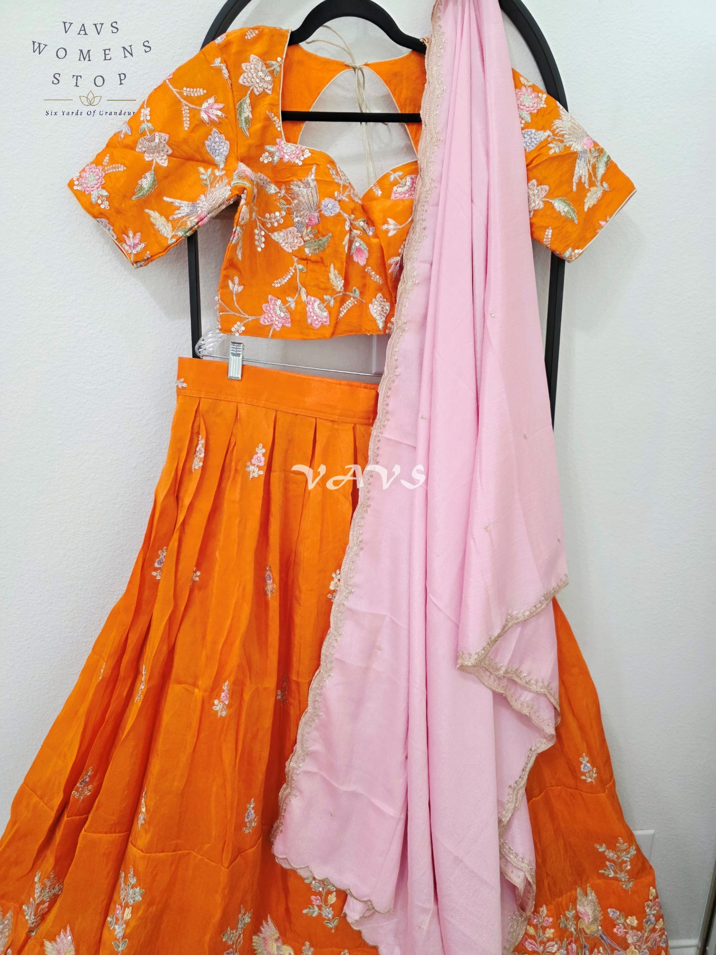 Radiant Tangerine Orange & Blush Pink Munga Tissue Crepe Silk Embroidered Lehenga Half Saree with Chinon Silk Dupatta & Blouse 38-44