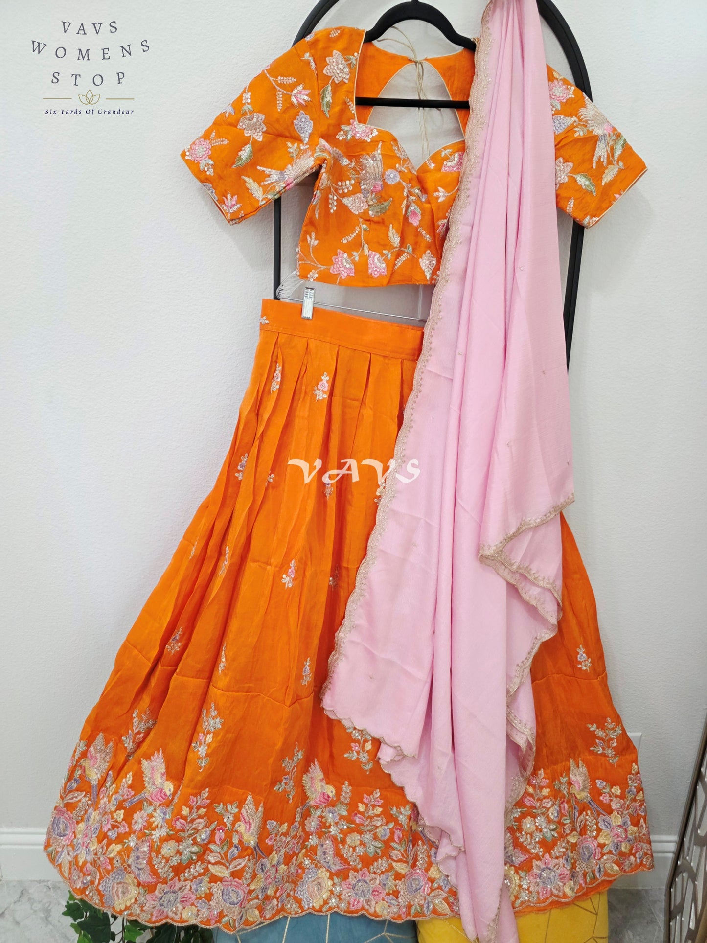 Radiant Tangerine Orange & Blush Pink Munga Tissue Crepe Silk Embroidered Lehenga Half Saree with Chinon Silk Dupatta & Blouse 38-44