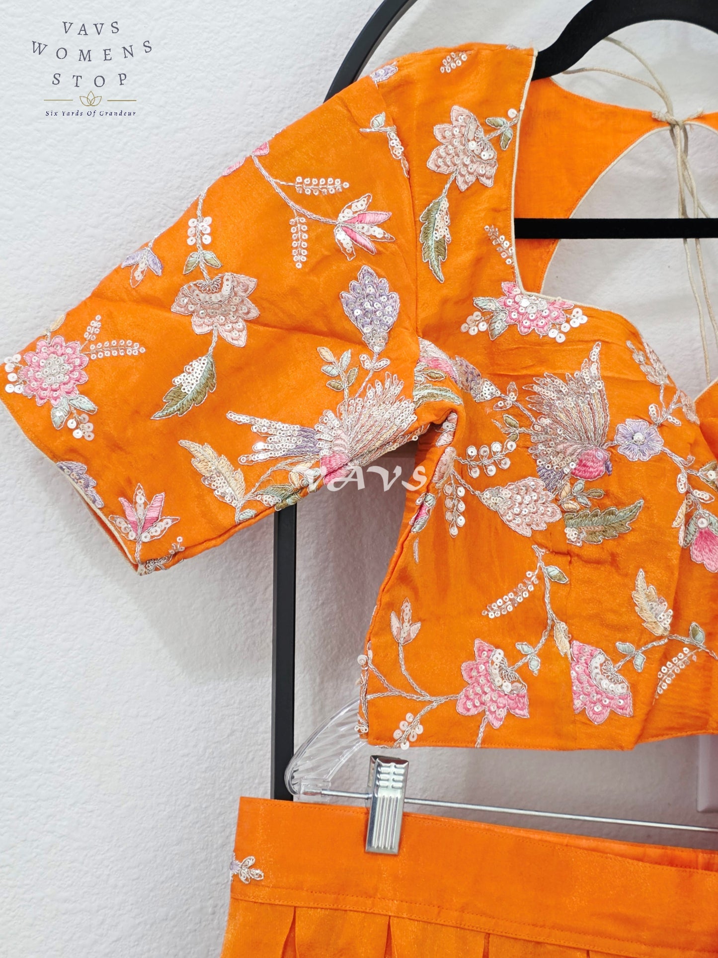 Radiant Tangerine Orange & Blush Pink Munga Tissue Crepe Silk Embroidered Lehenga Half Saree with Chinon Silk Dupatta & Blouse 38-44
