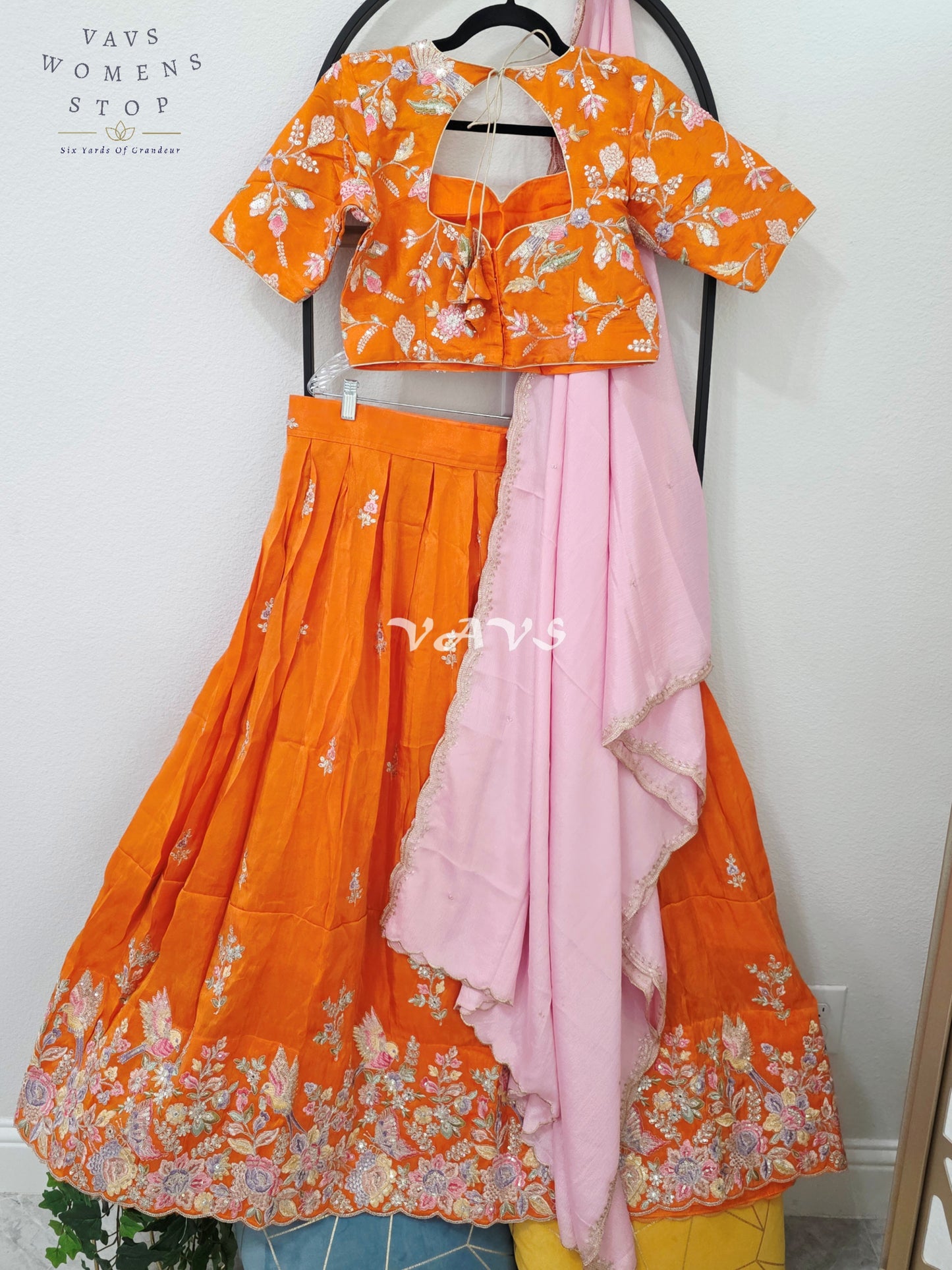 Radiant Tangerine Orange & Blush Pink Munga Tissue Crepe Silk Embroidered Lehenga Half Saree with Chinon Silk Dupatta & Blouse 38-44