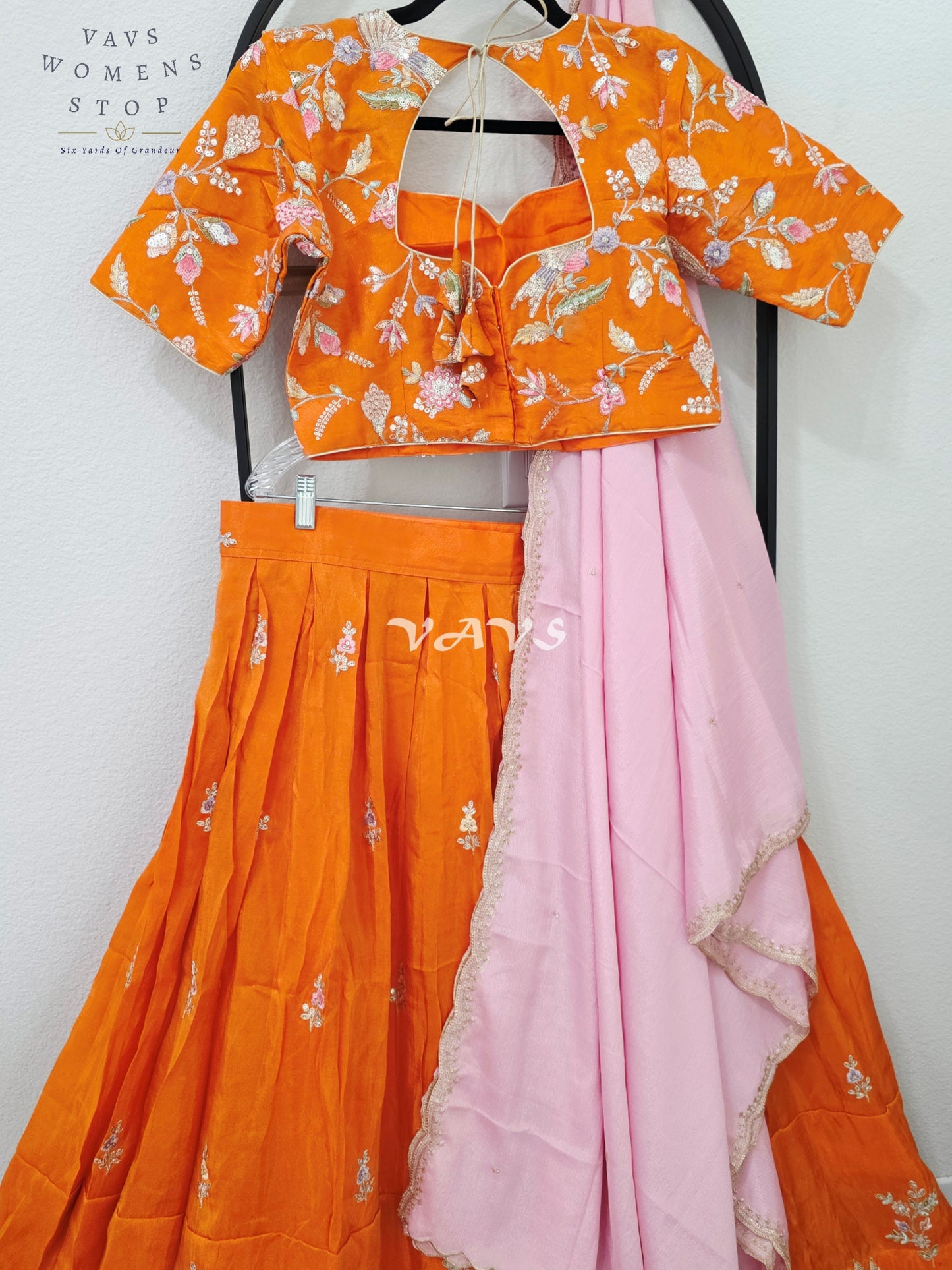 Radiant Tangerine Orange & Blush Pink Munga Tissue Crepe Silk Embroidered Lehenga Half Saree with Chinon Silk Dupatta & Blouse 38-44