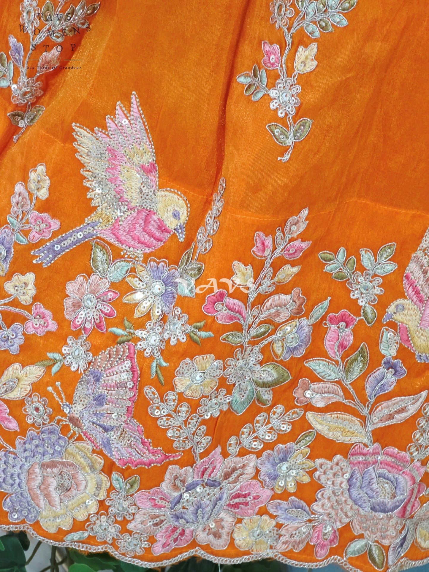 Radiant Tangerine Orange & Blush Pink Munga Tissue Crepe Silk Embroidered Lehenga Half Saree with Chinon Silk Dupatta & Blouse 38-44