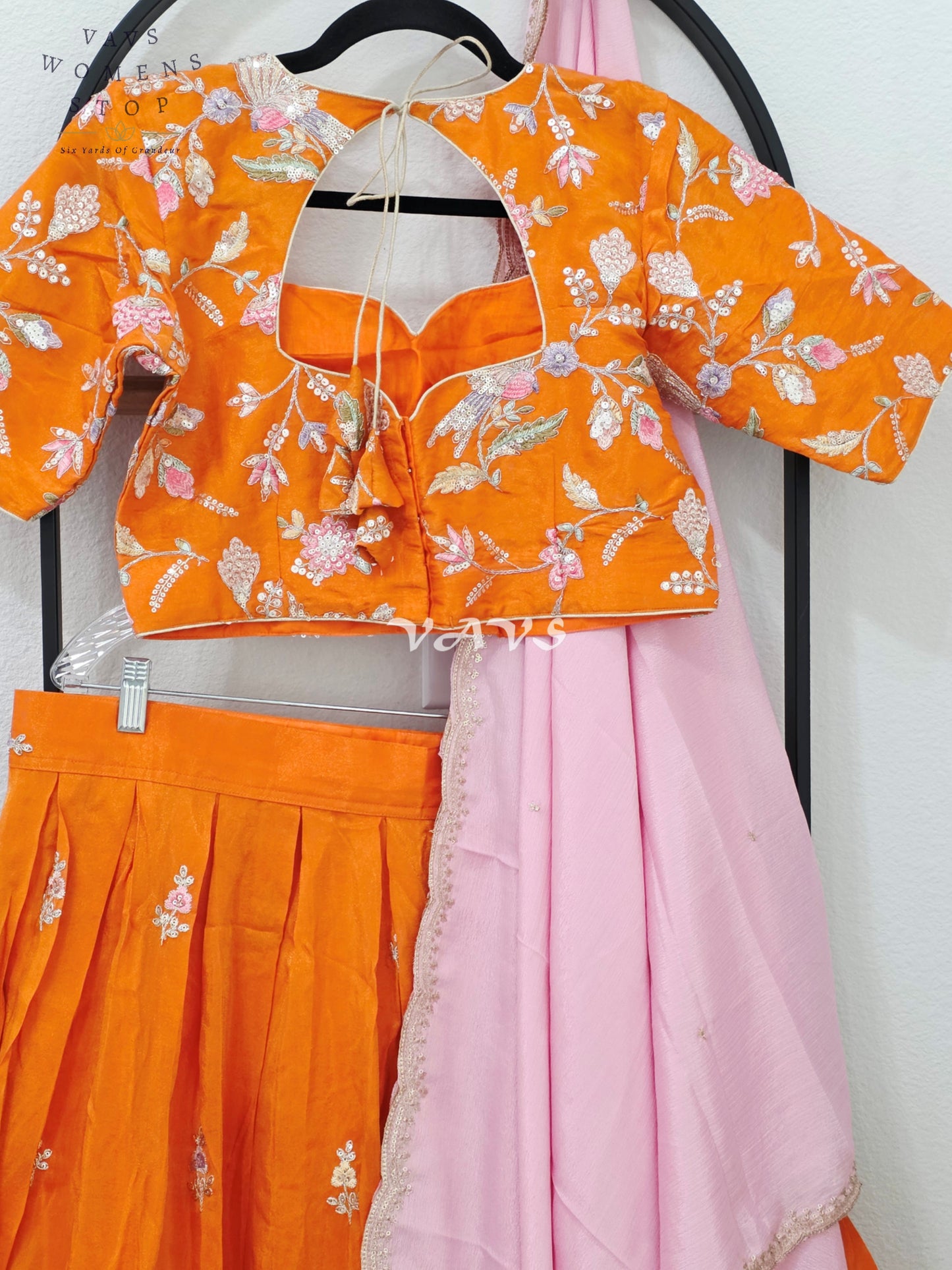 Radiant Tangerine Orange & Blush Pink Munga Tissue Crepe Silk Embroidered Lehenga Half Saree with Chinon Silk Dupatta & Blouse 38-44
